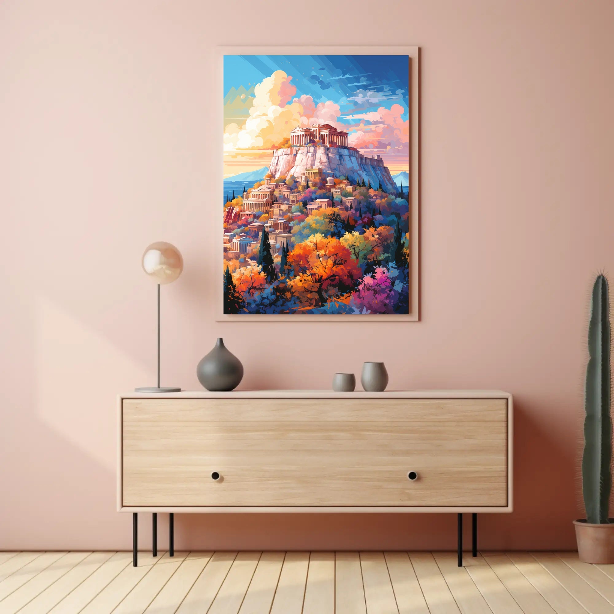 Ancient Greek Acropolis in Vibrant Colors Artistic Poster PosterGoat