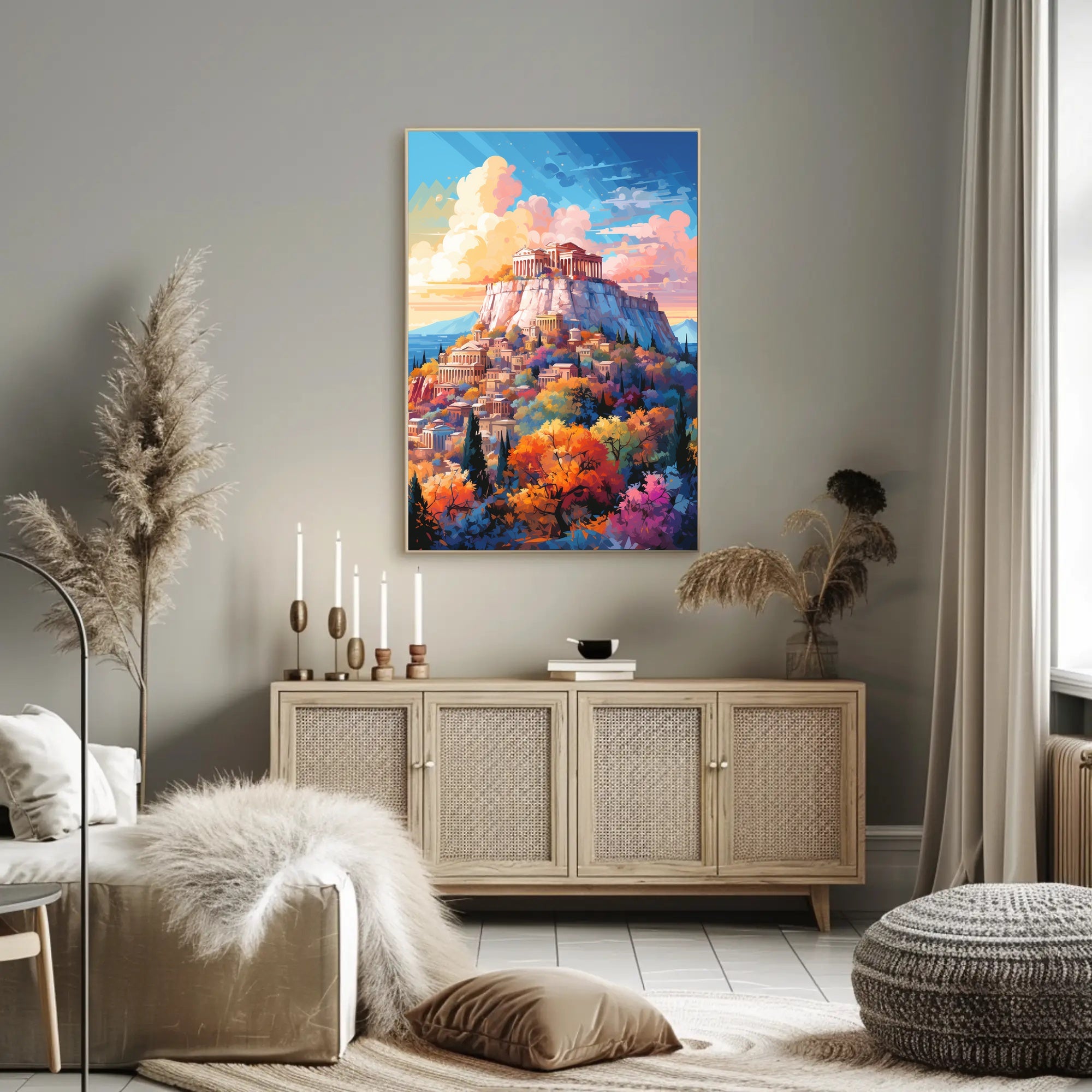 Ancient Greek Acropolis in Vibrant Colors Artistic Poster PosterGoat