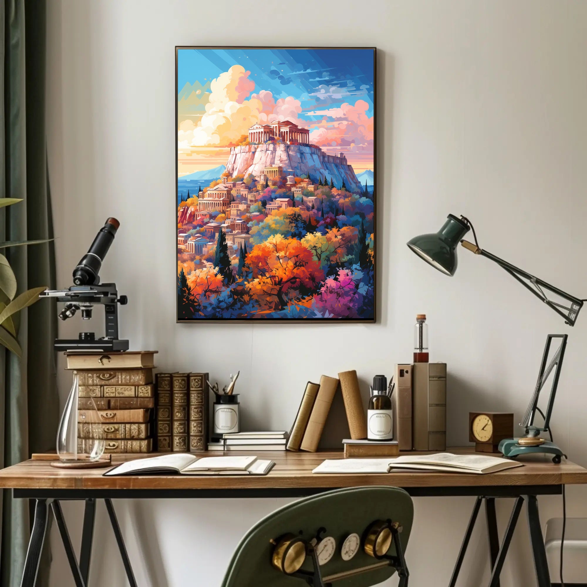 Ancient Greek Acropolis in Vibrant Colors Artistic Poster PosterGoat