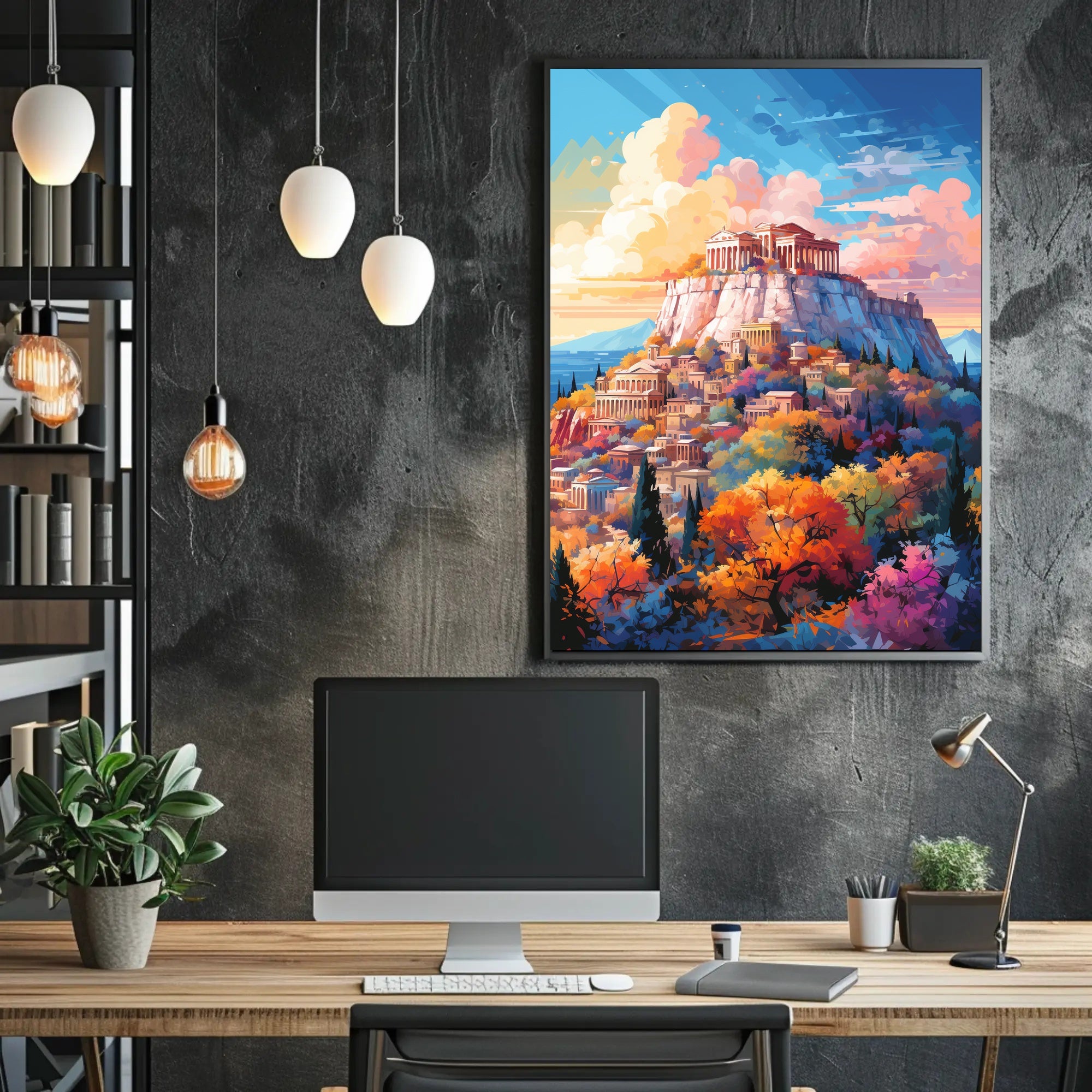 Ancient Greek Acropolis in Vibrant Colors Artistic Poster PosterGoat