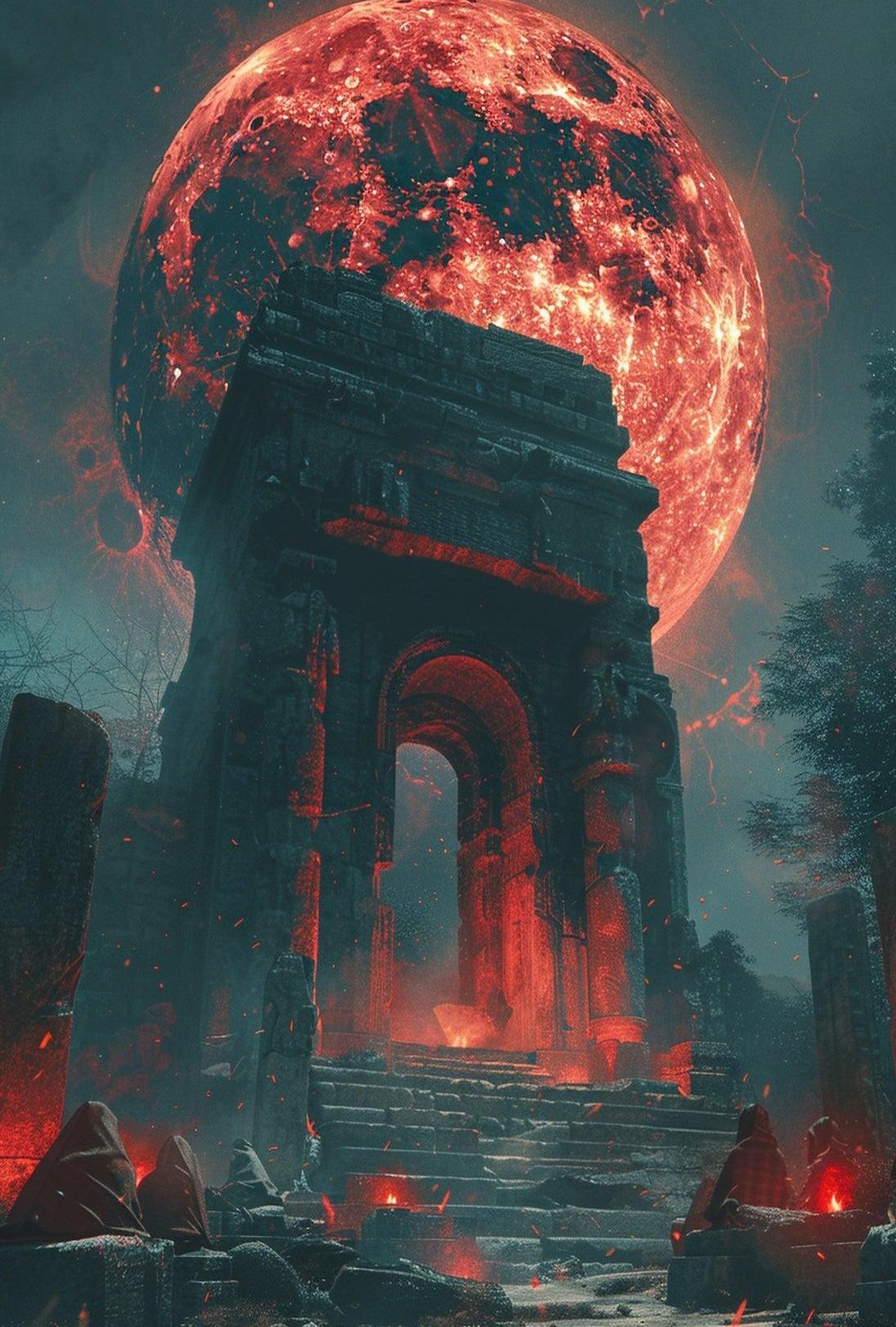 Ancient Ruins Under a Glowing Red Moon Fantasy Poster PosterGoat