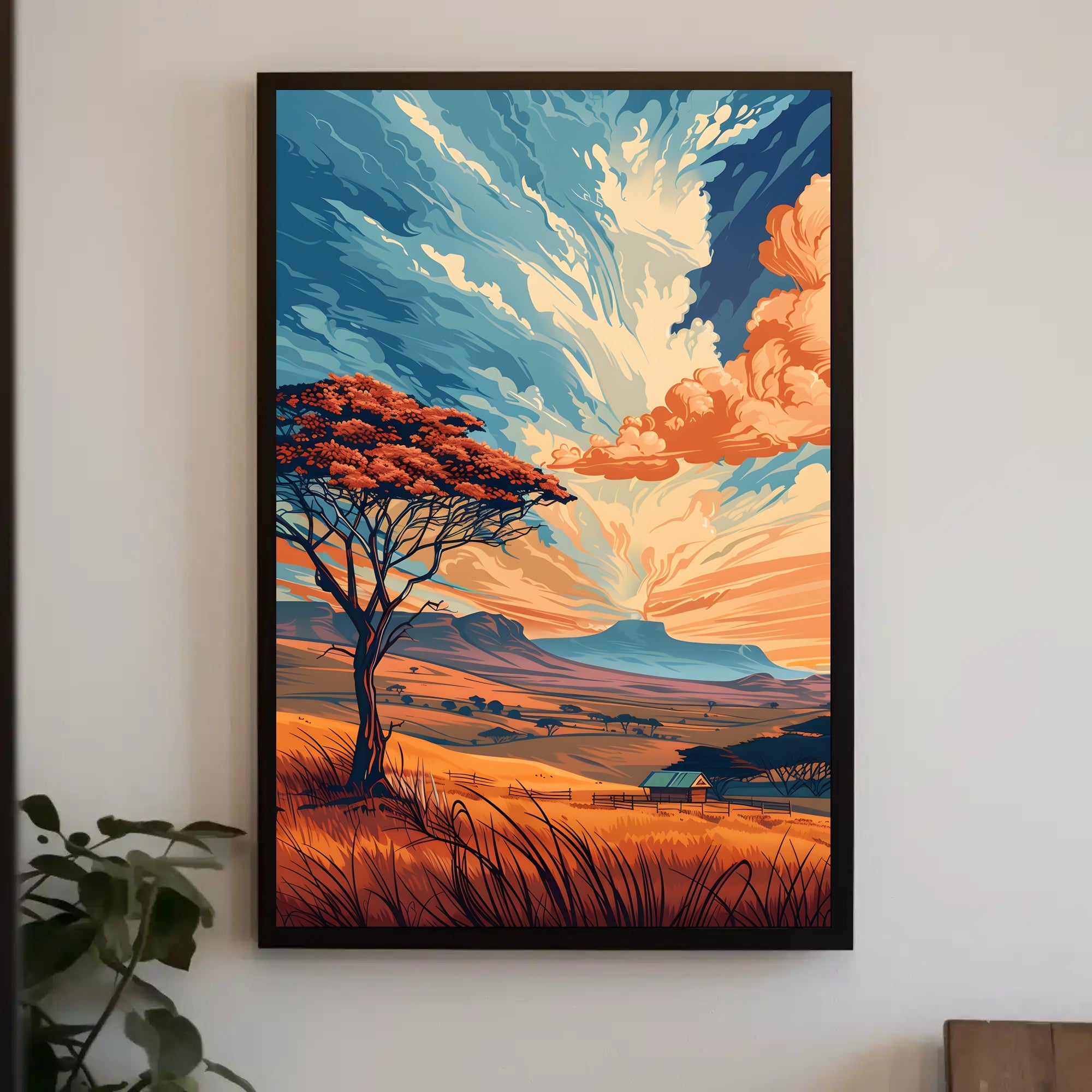 Ancient Tree in Vibrant Desert Sunset Art Poster PosterGoat