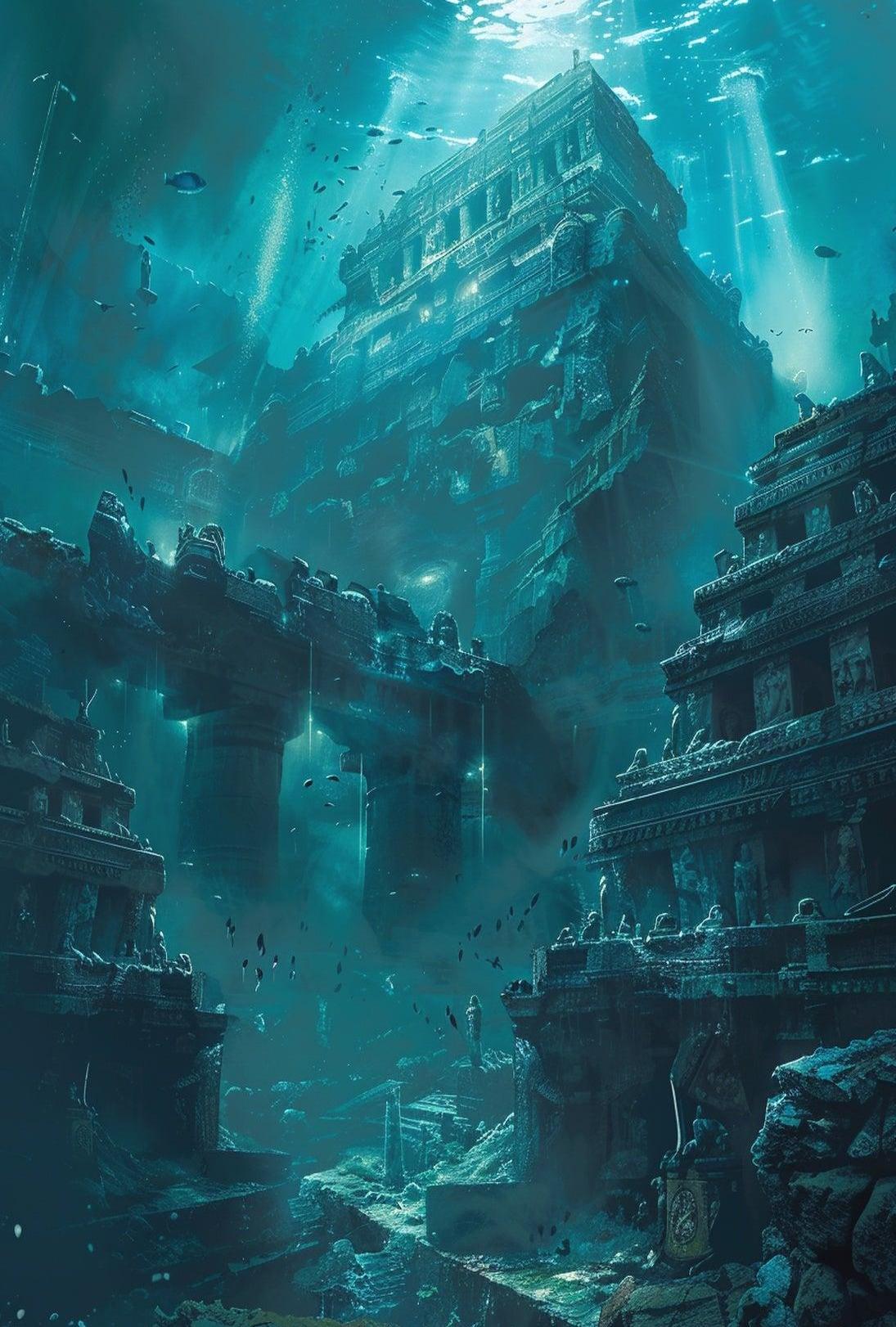 Ancient Underwater Temple Exploration Artistic and Pop Culture Poster PosterGoat