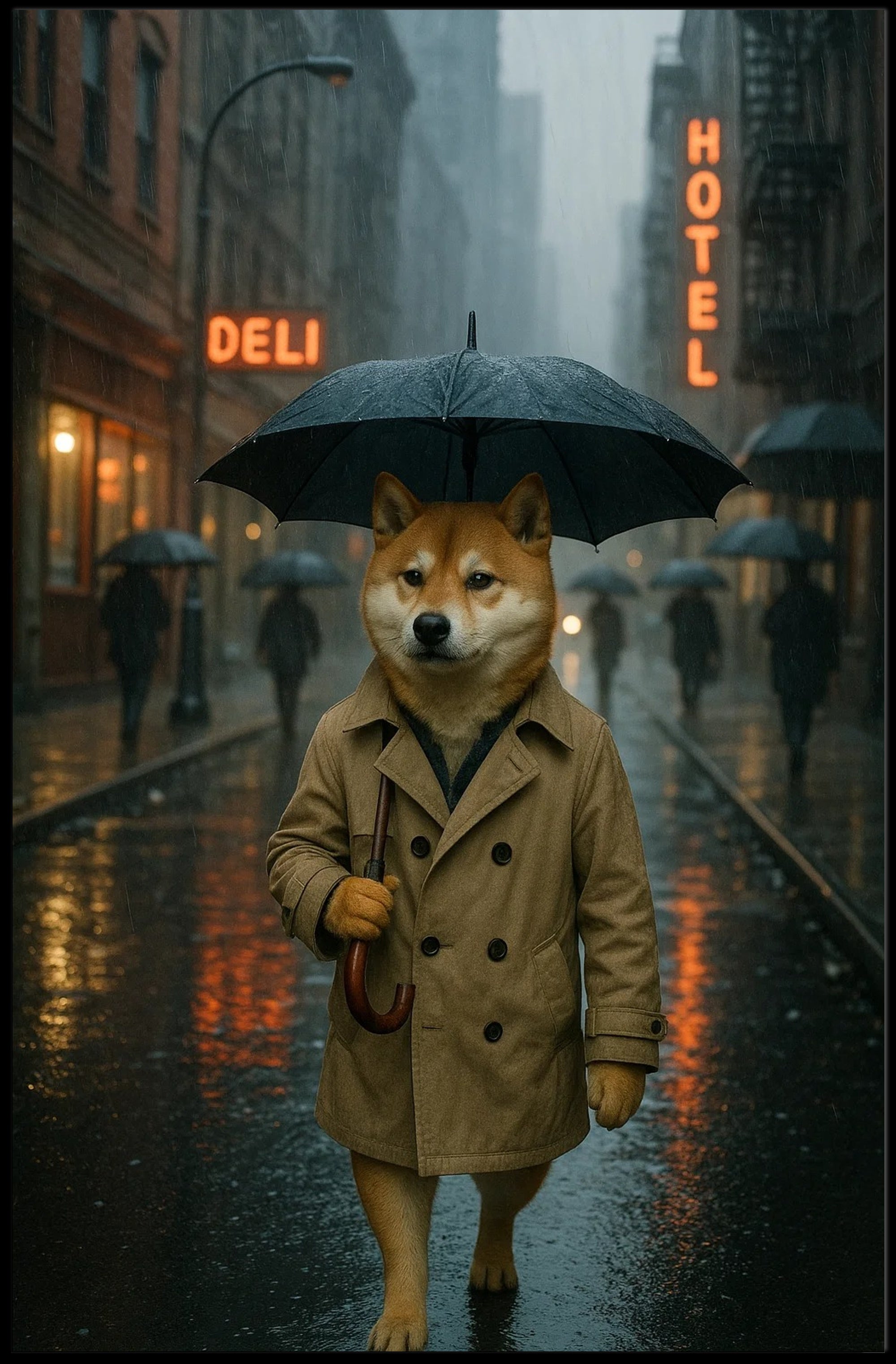 Anthropomorphic Shiba Inu in Urban Cityscape Art Poster PosterGoat