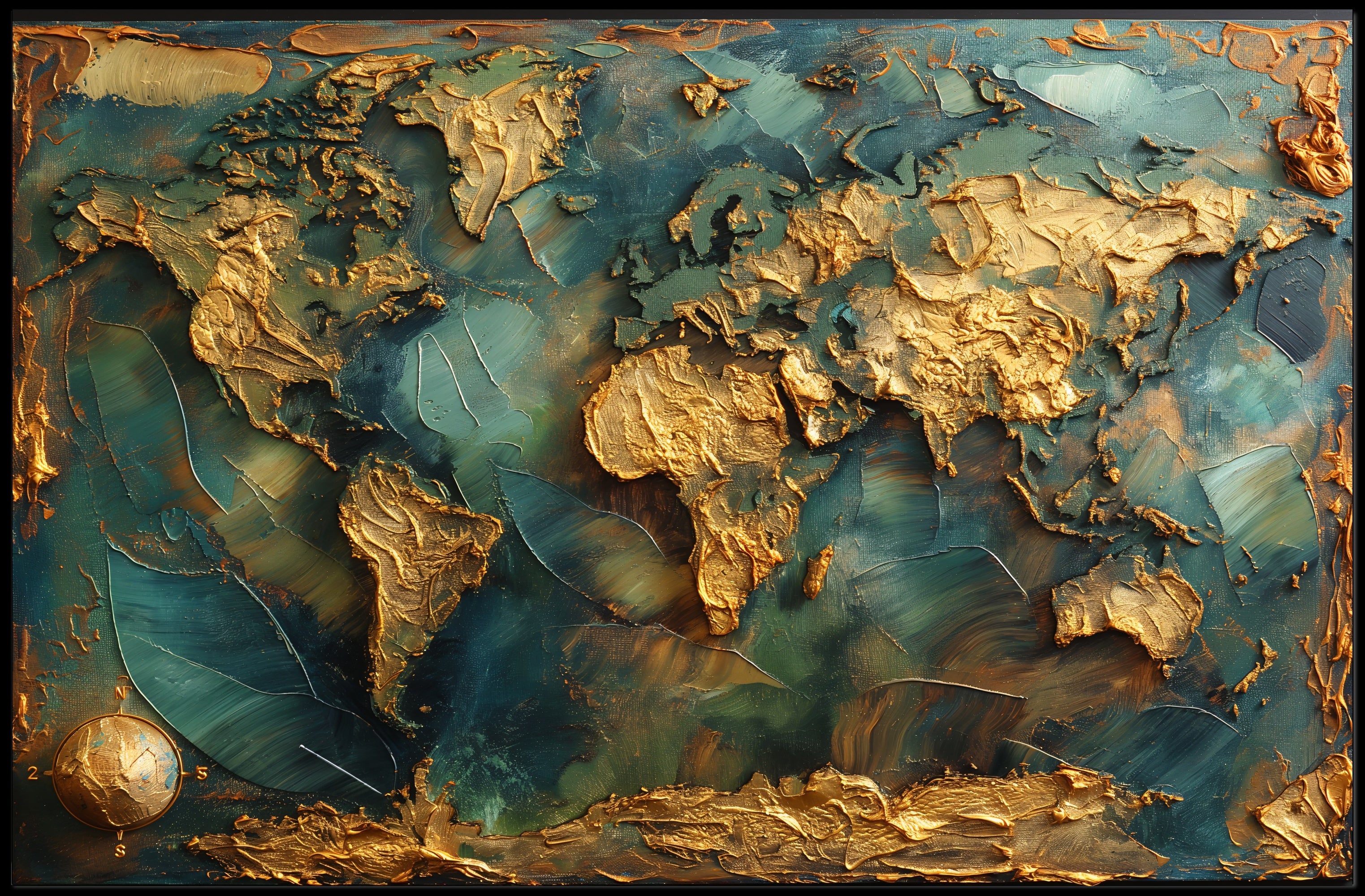 Artistic Gold World Map on Blue Abstract or Artistic Poster PosterGoat