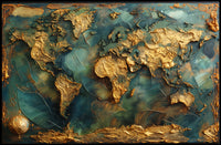 Artistic Gold World Map on Blue Abstract or Artistic Poster PosterGoat