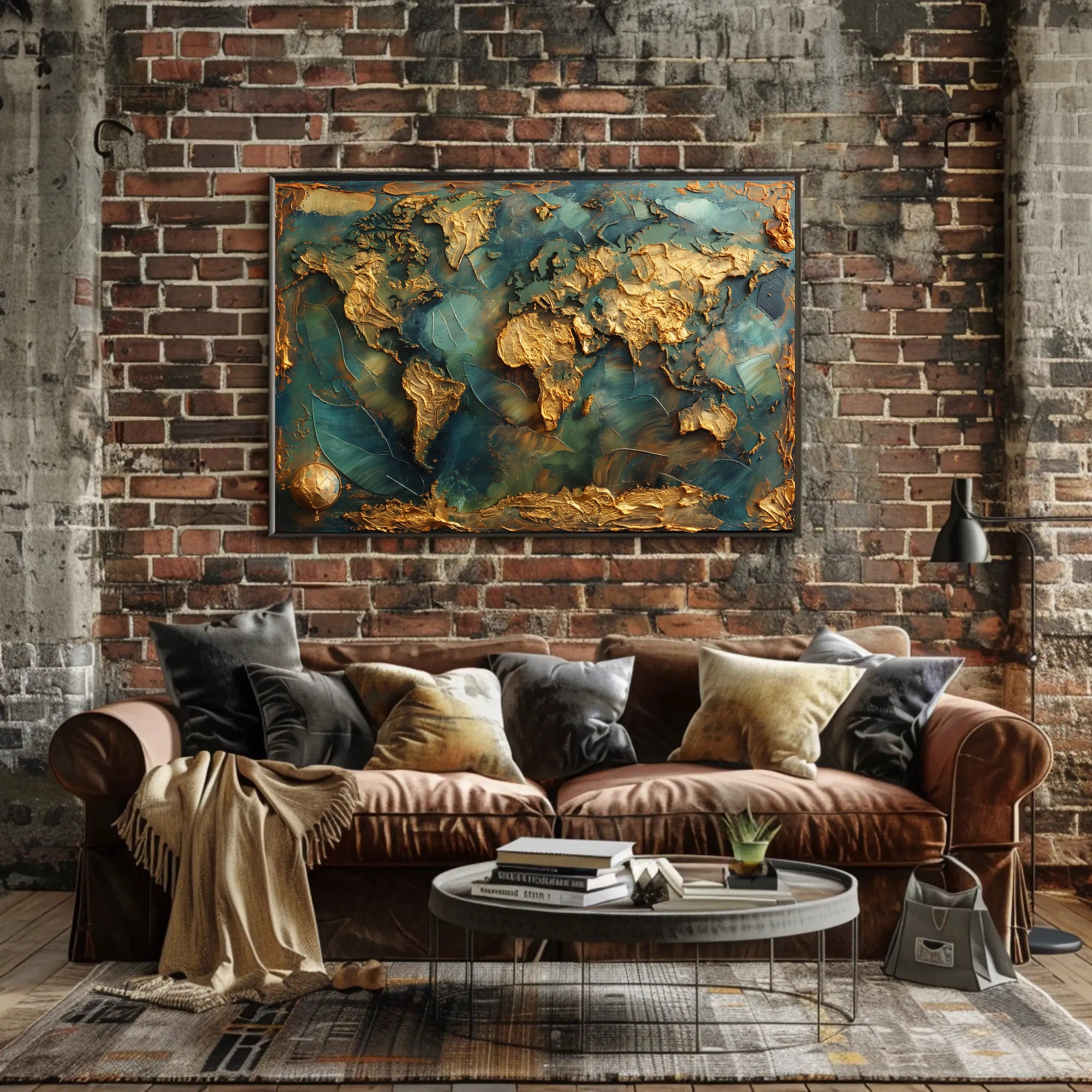 Artistic Gold World Map on Blue Abstract or Artistic Poster PosterGoat