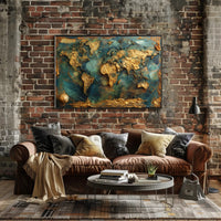Artistic Gold World Map on Blue Abstract or Artistic Poster PosterGoat