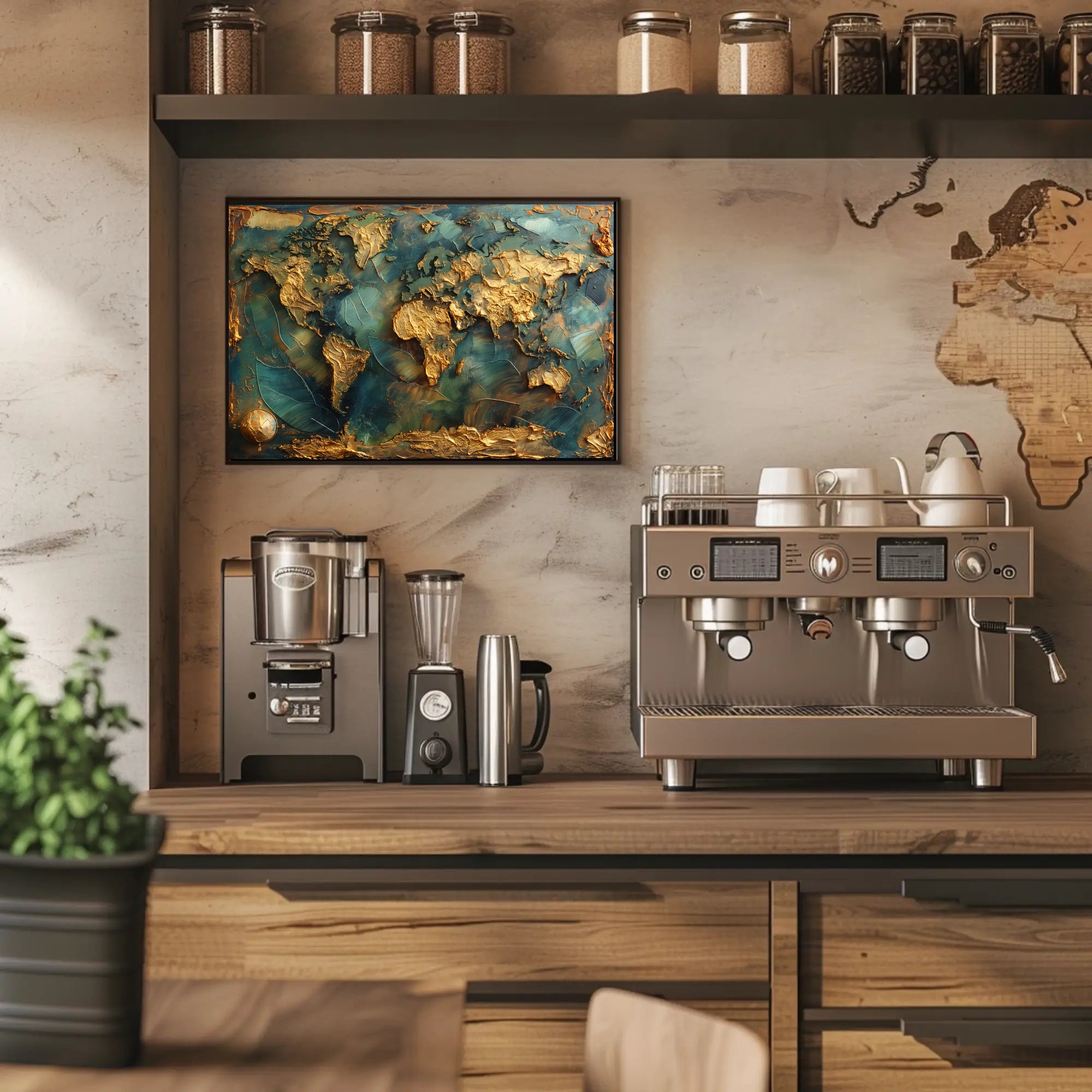 Artistic Gold World Map on Blue Abstract or Artistic Poster PosterGoat