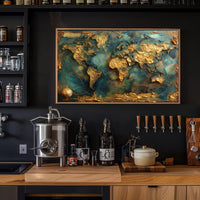 Artistic Gold World Map on Blue Abstract or Artistic Poster PosterGoat