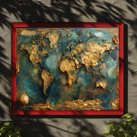 Artistic Gold World Map on Blue Abstract or Artistic Poster PosterGoat