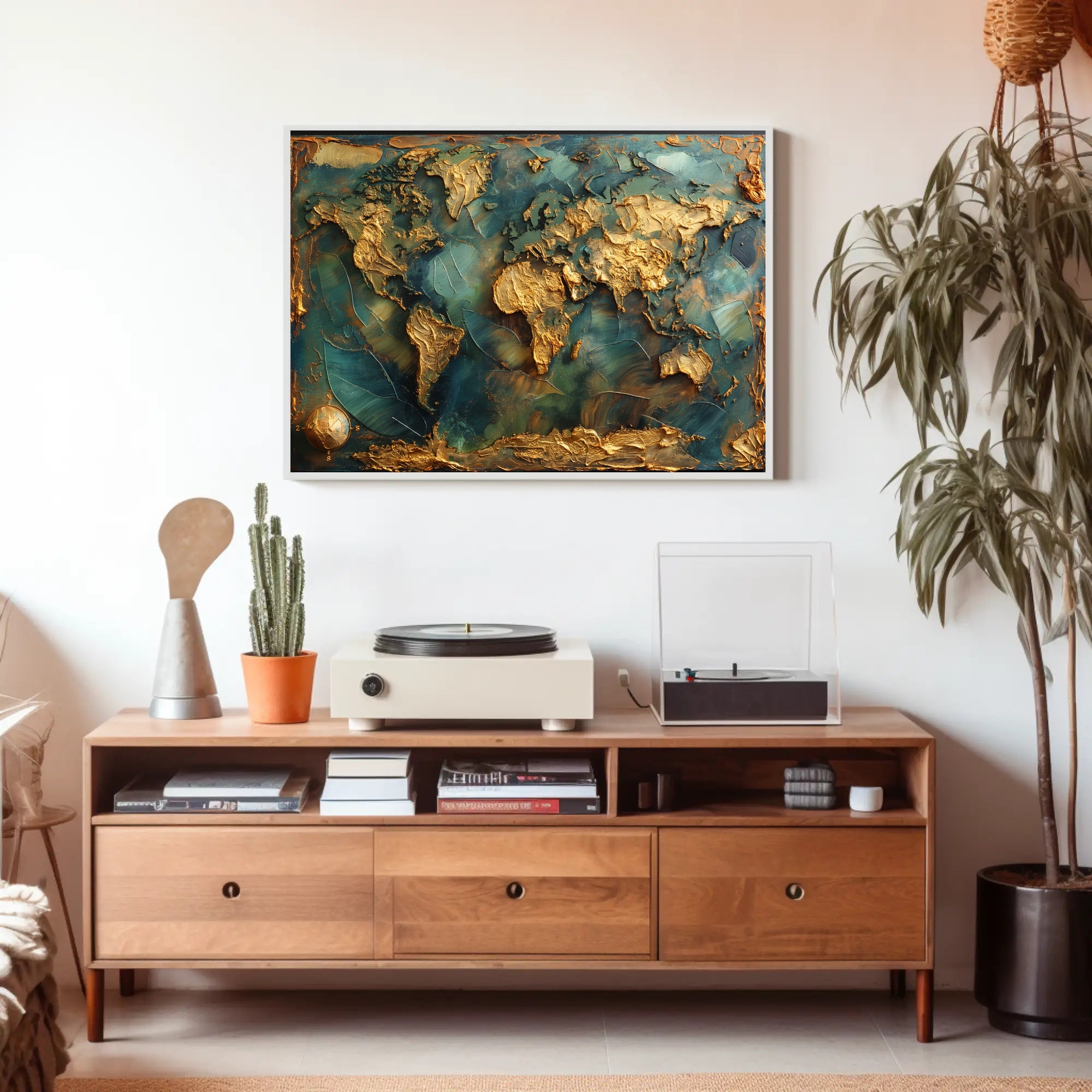 Artistic Gold World Map on Blue Abstract or Artistic Poster PosterGoat