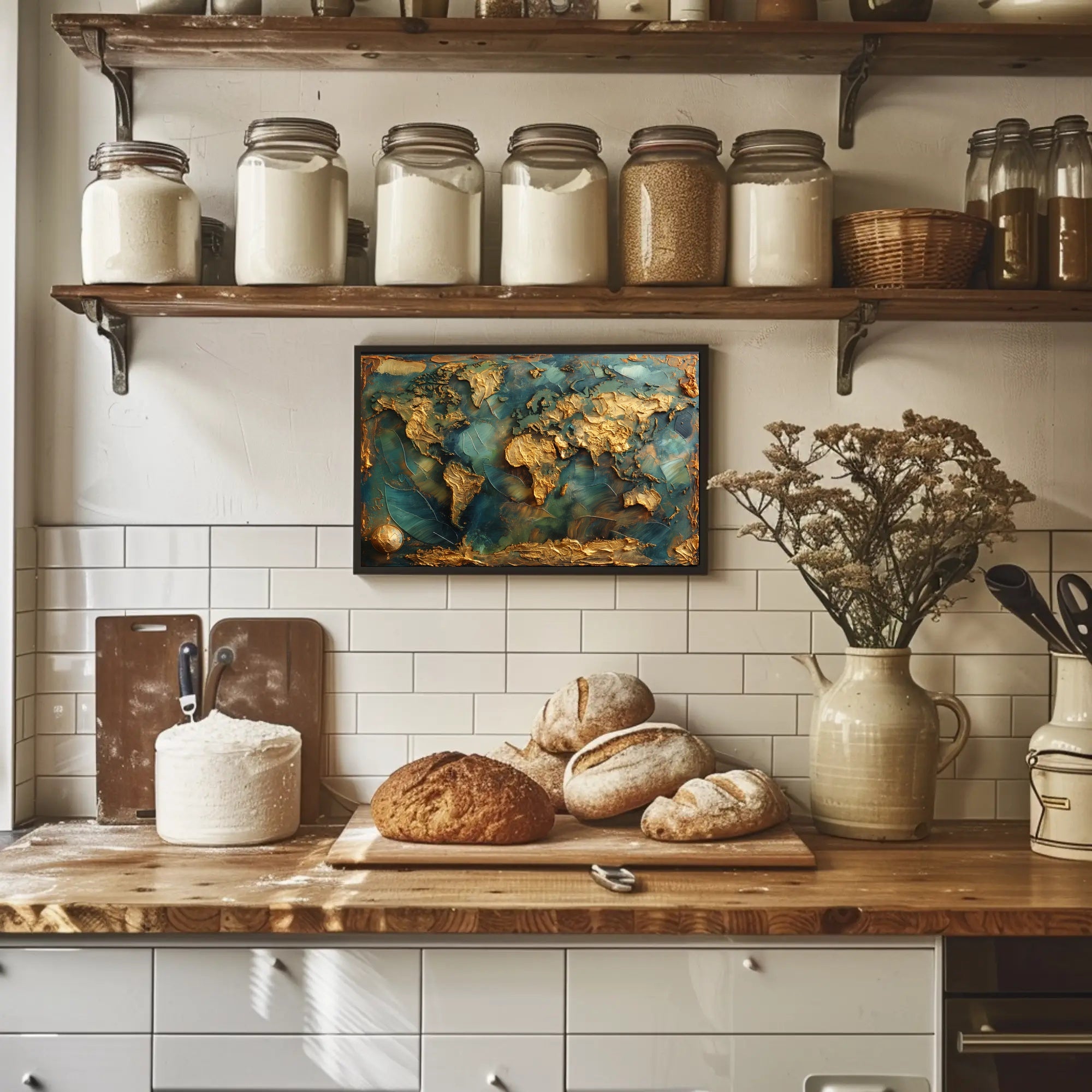 Artistic Gold World Map on Blue Abstract or Artistic Poster PosterGoat