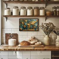 Artistic Gold World Map on Blue Abstract or Artistic Poster PosterGoat