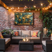 Artistic Gold World Map on Blue Abstract or Artistic Poster PosterGoat