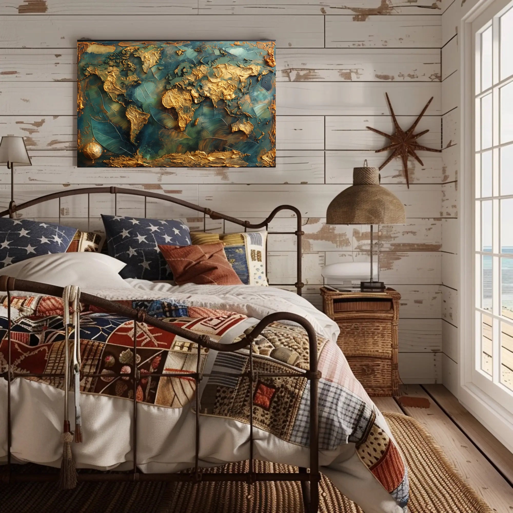 Artistic Gold World Map on Blue Abstract or Artistic Poster PosterGoat