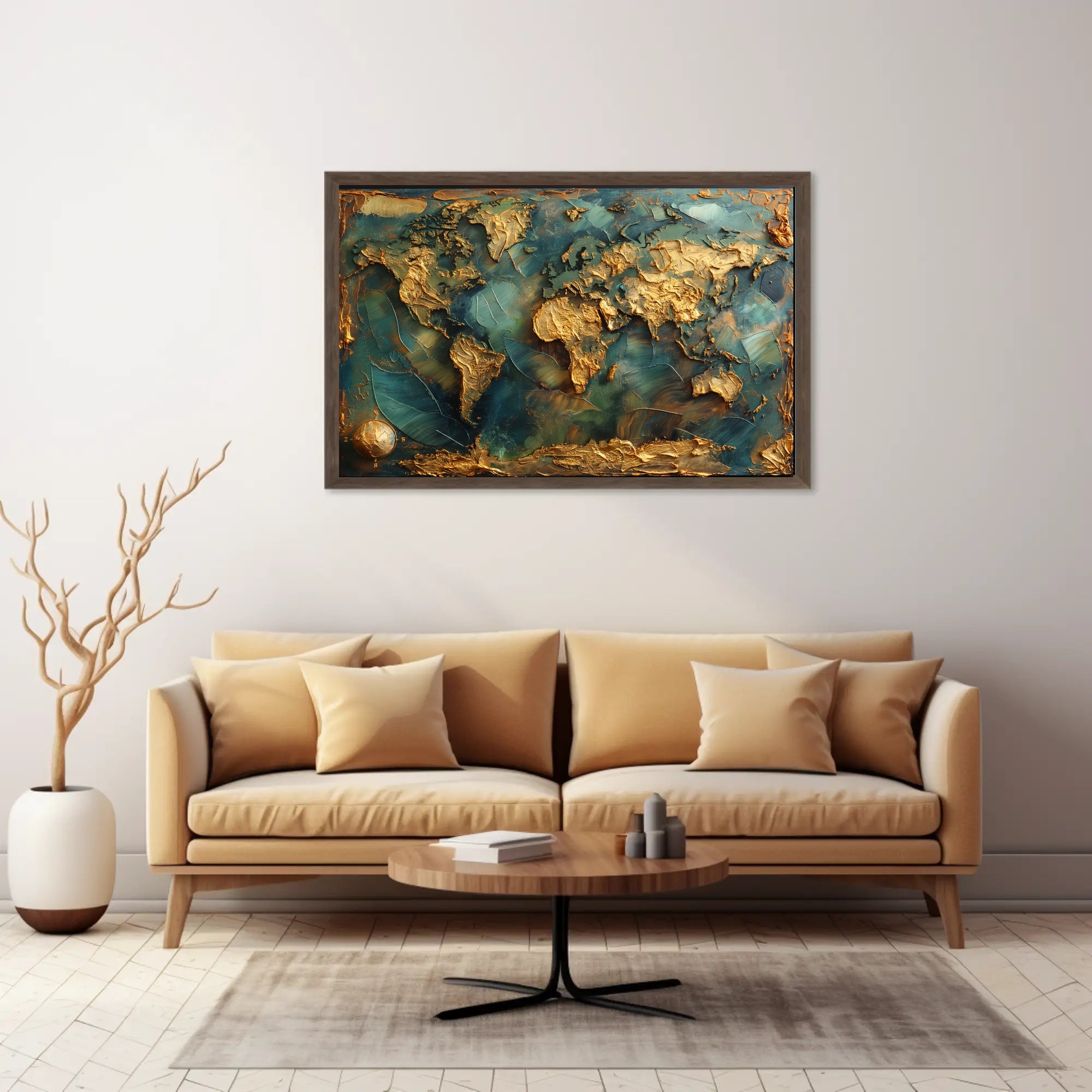 Artistic Gold World Map on Blue Abstract or Artistic Poster PosterGoat