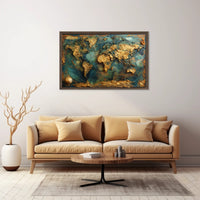 Artistic Gold World Map on Blue Abstract or Artistic Poster PosterGoat