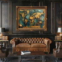 Artistic Gold World Map on Blue Abstract or Artistic Poster PosterGoat