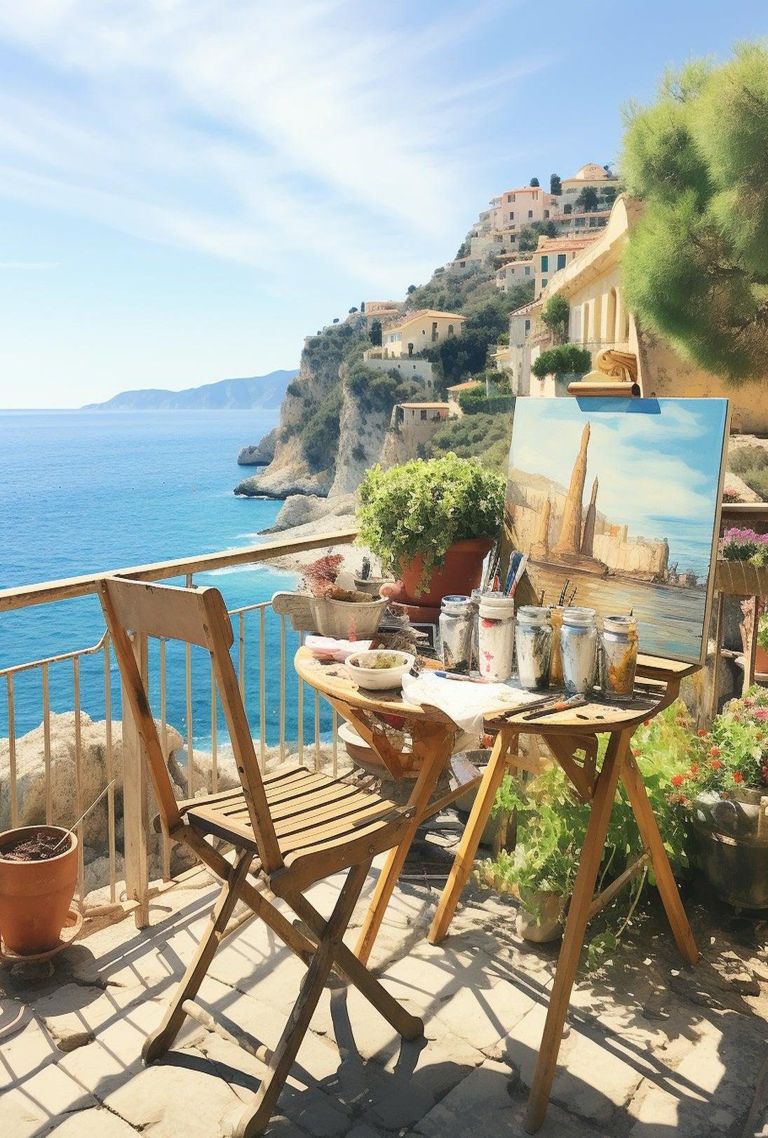 Artistic Mediterranean Seaside Scene with Creative Elements Poster PosterGoat