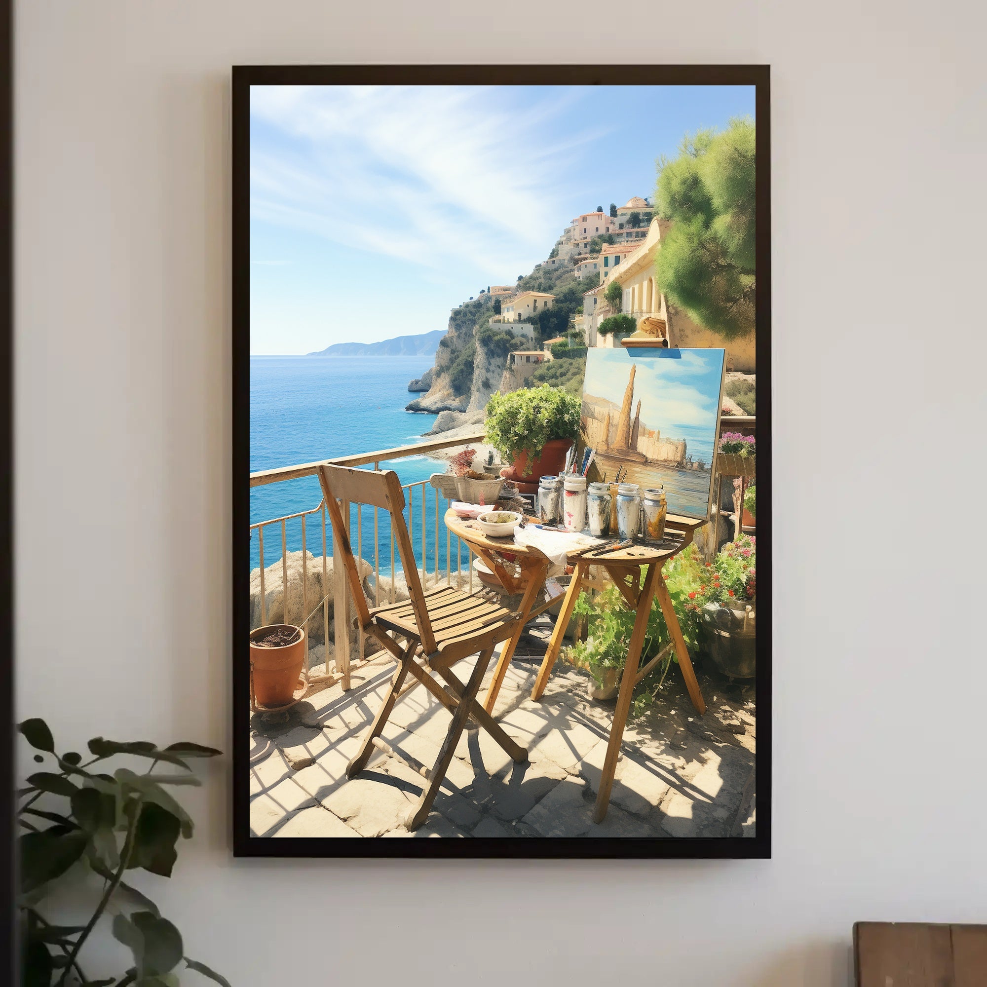 Artistic Mediterranean Seaside Scene with Creative Elements Poster PosterGoat