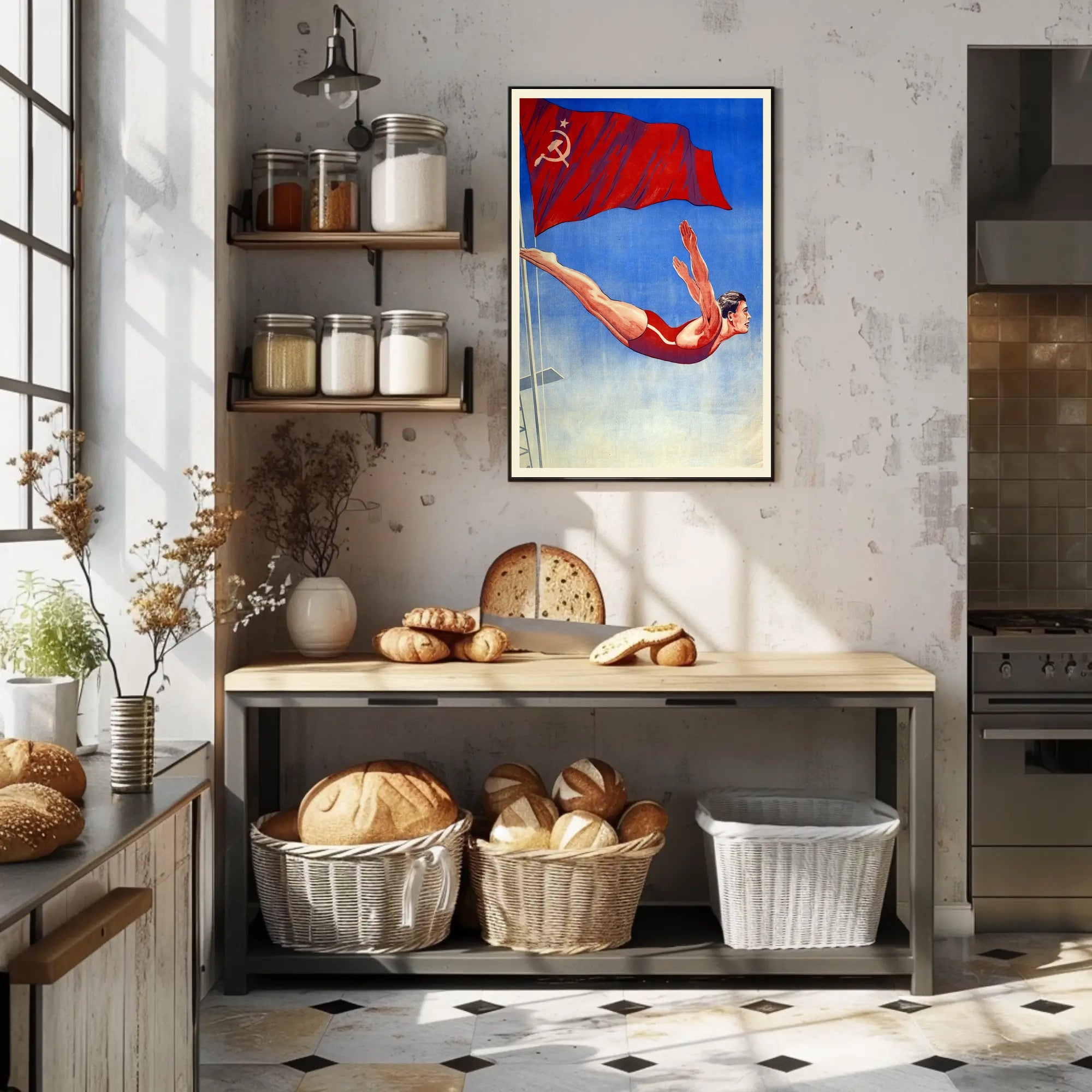 Athletic Diver with Soviet Flag Propaganda Poster PosterGoat