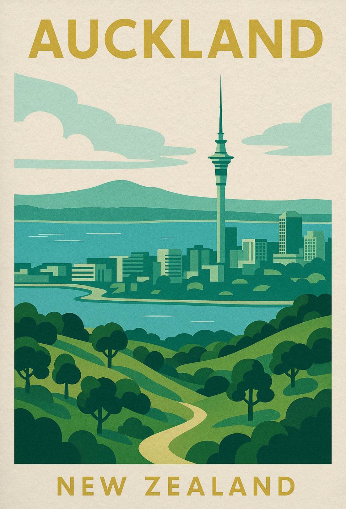 Auckland Skyline Vintage Travel Poster PosterGoat