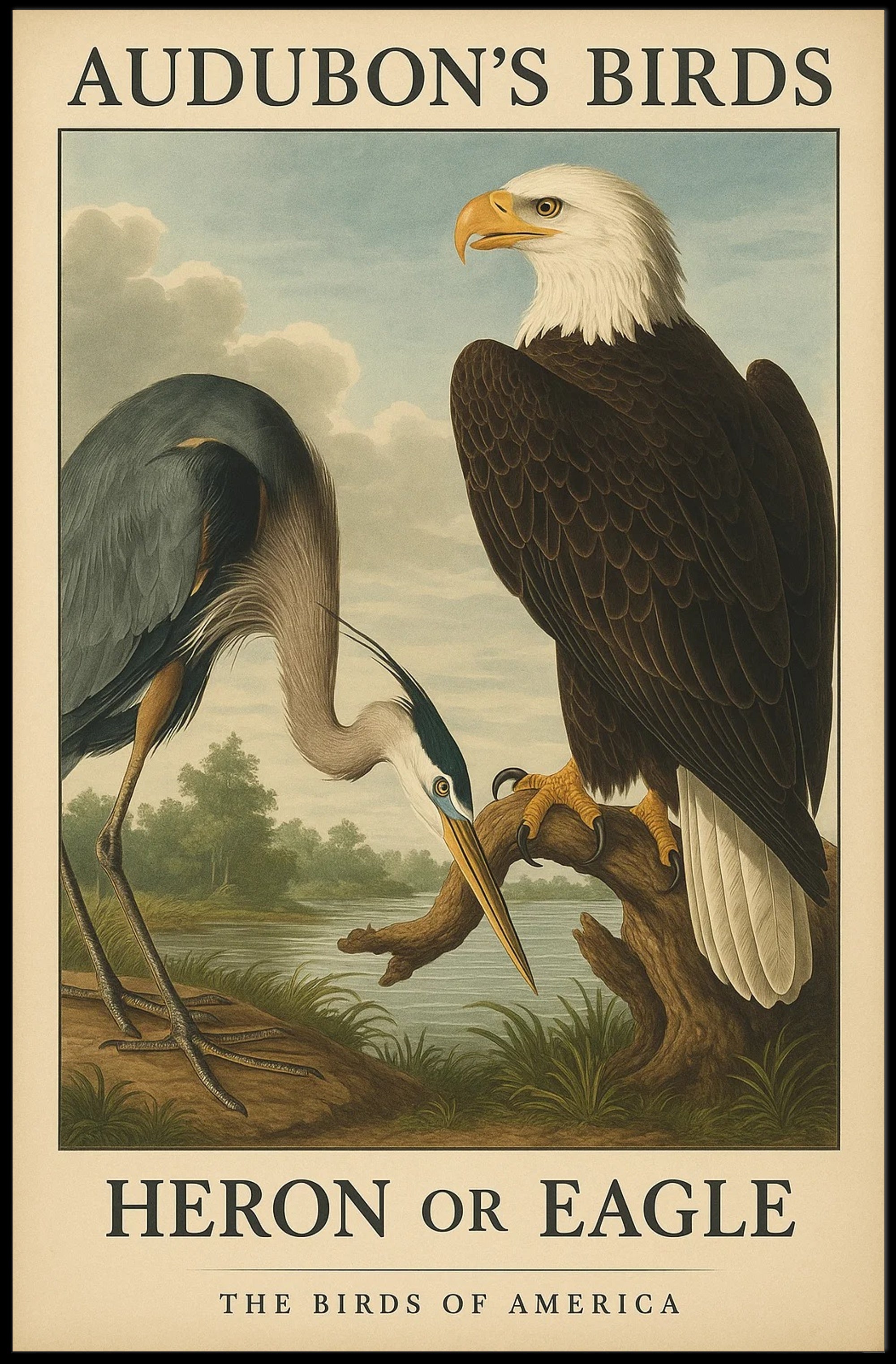 Audubon's Heron and Eagle Animal Poster PosterGoat