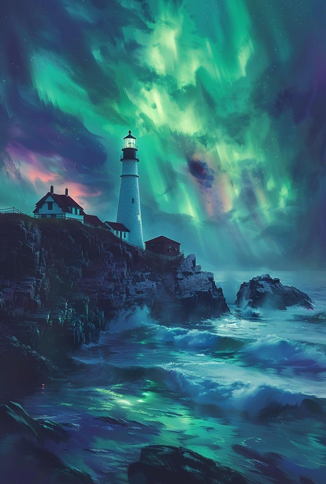Aurora-Painted Coastal Landscape Lighthouse Artistic Poster PosterGoat