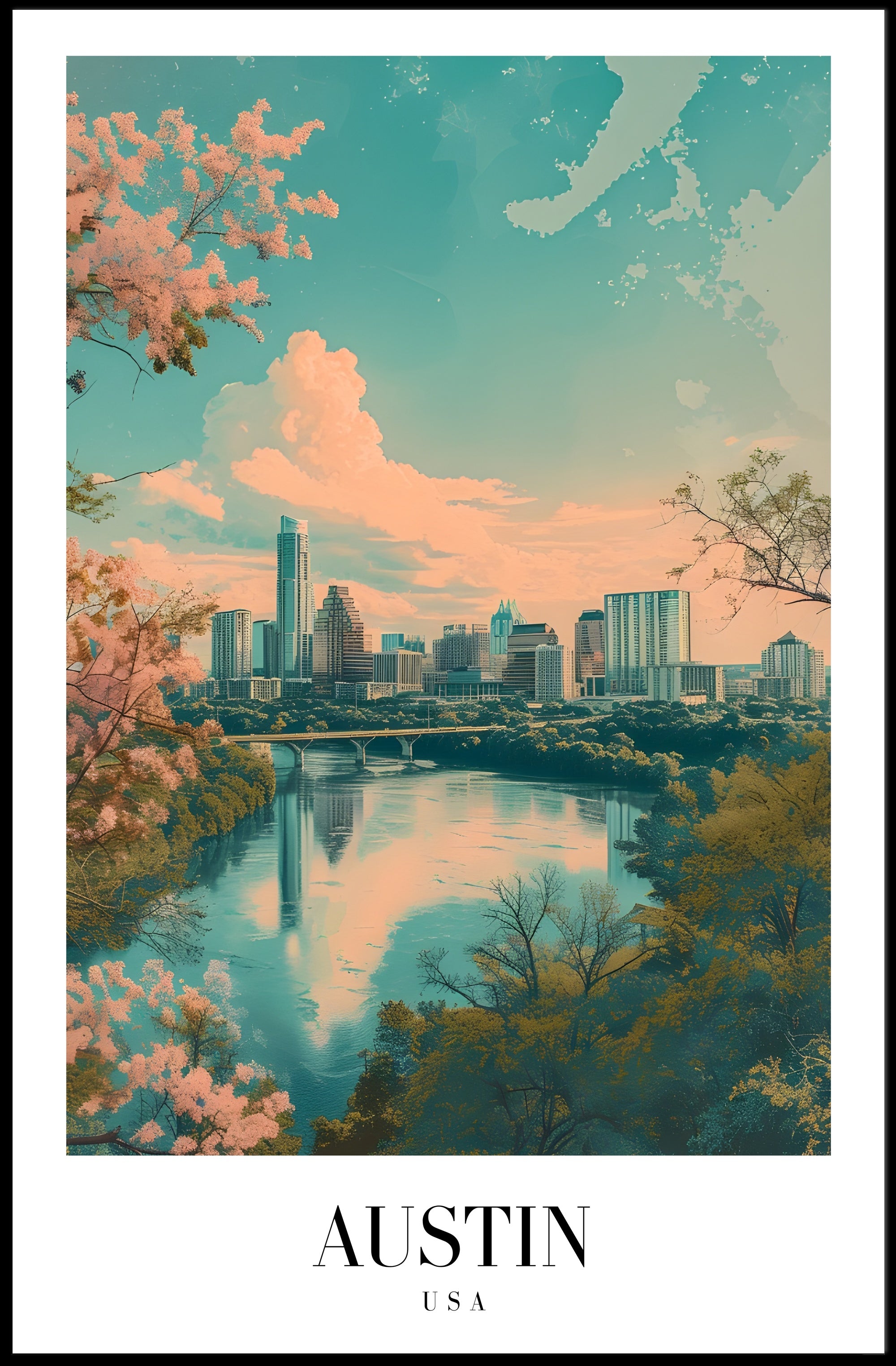 Austin Skyline Reflected in River Urban or Cityscape Poster PosterGoat