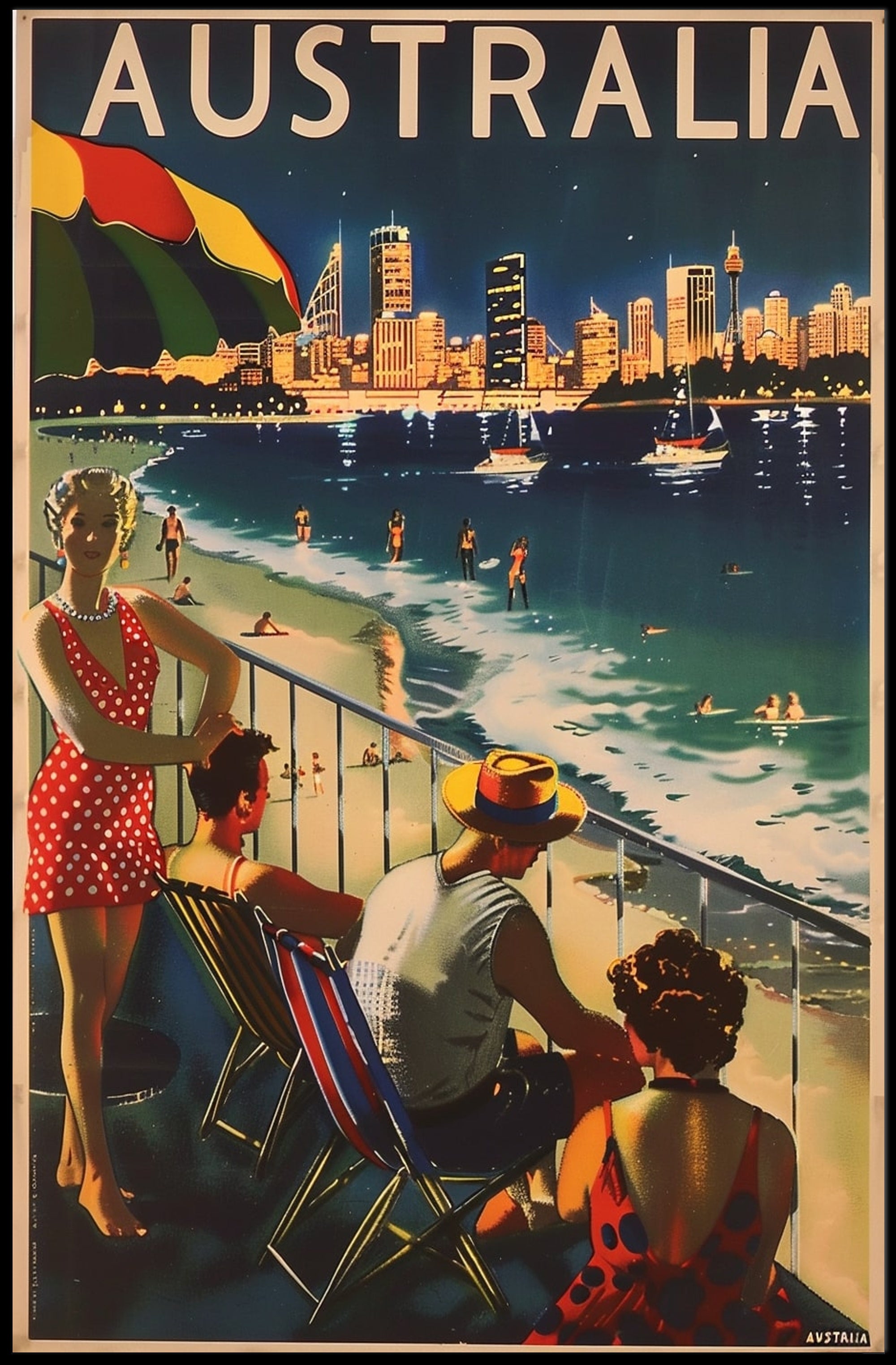 Australian Vintage Beach Scene: Mid-20th Century Travel Poster PosterGoat