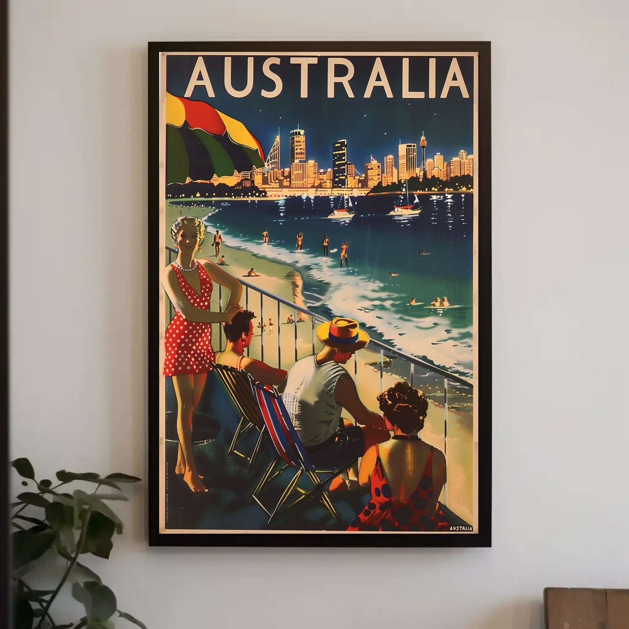 Australian Vintage Beach Scene: Mid-20th Century Travel Poster PosterGoat