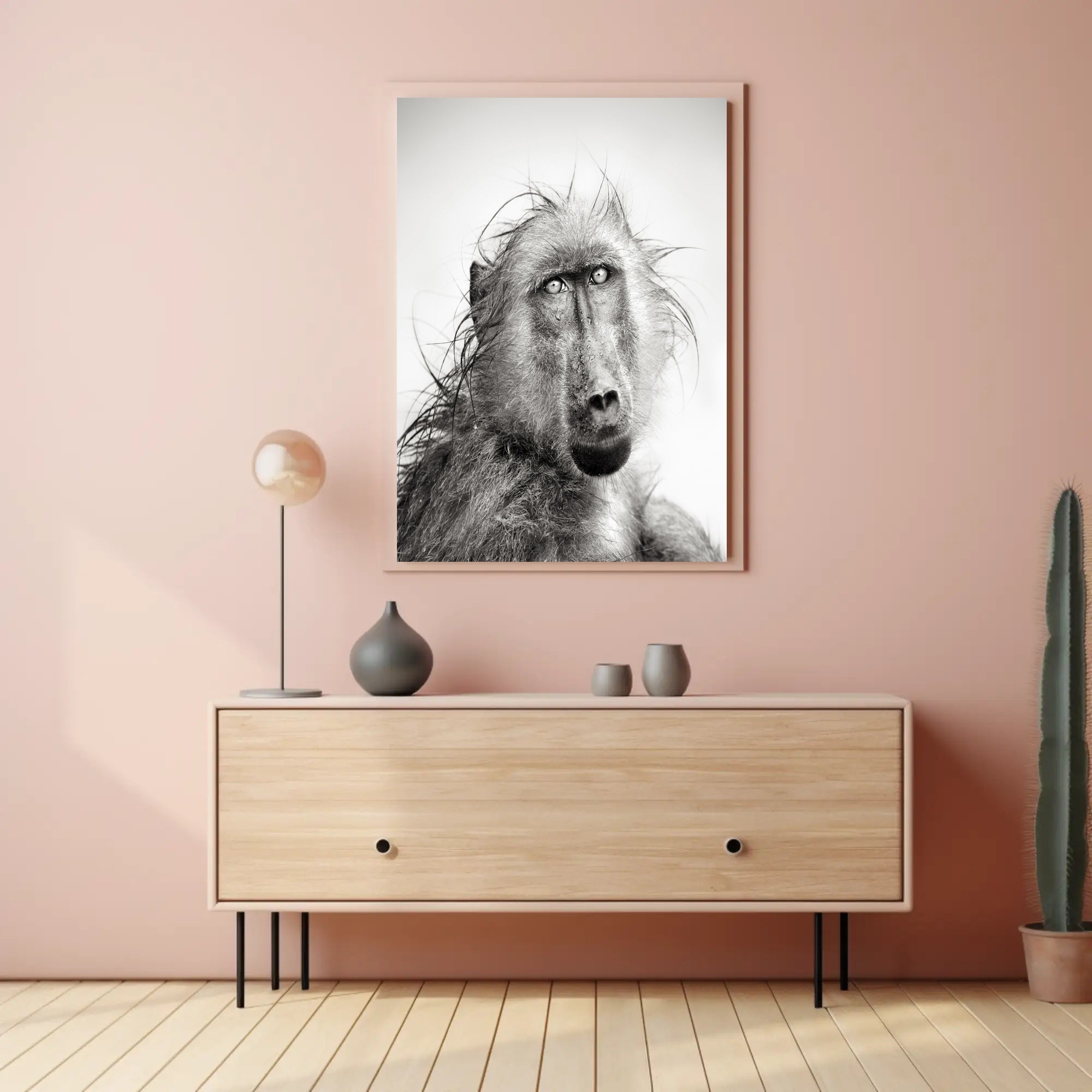 Baboon's Intense Gaze: Photorealistic Animal Poster PosterGoat