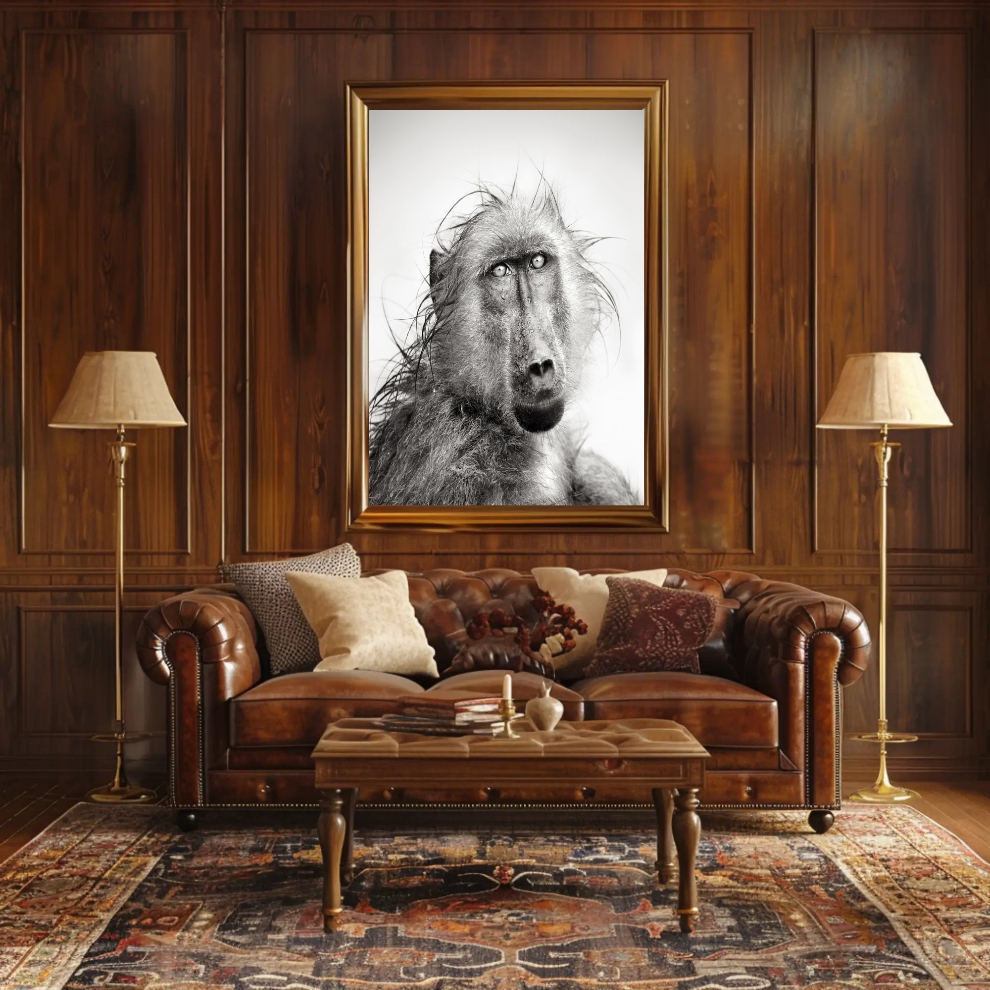 Baboon's Intense Gaze: Photorealistic Animal Poster PosterGoat