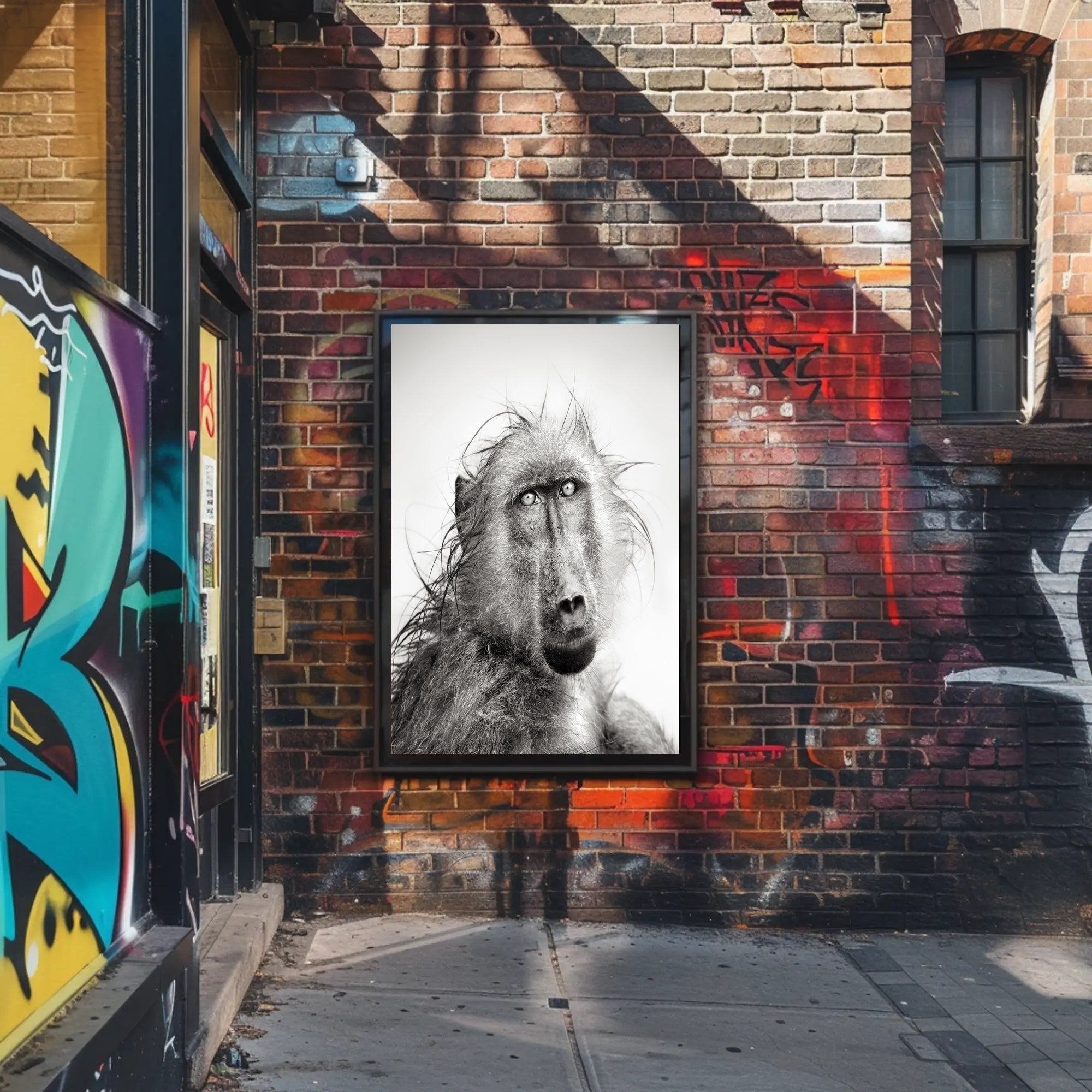 Baboon's Intense Gaze: Photorealistic Animal Poster PosterGoat