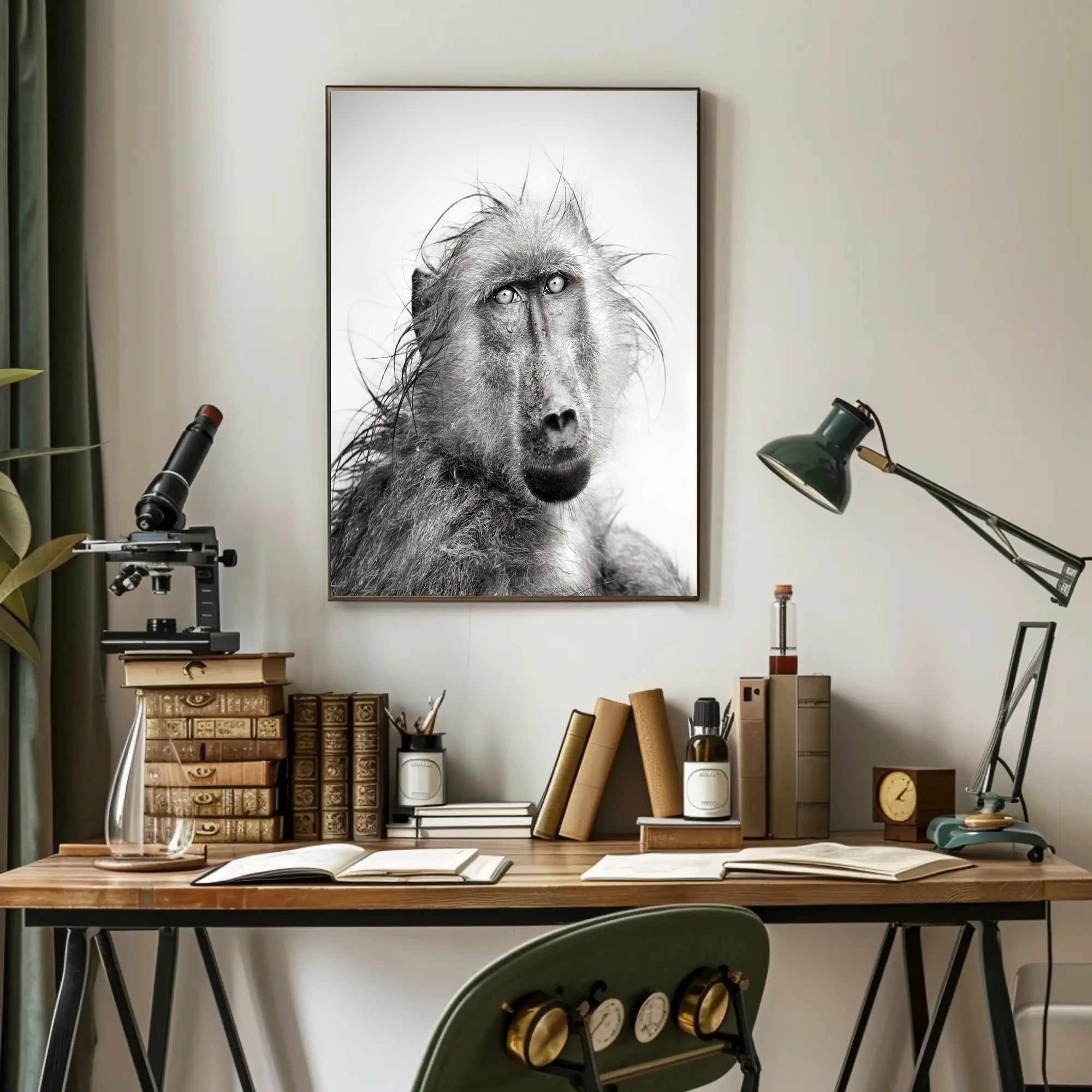 Baboon's Intense Gaze: Photorealistic Animal Poster PosterGoat