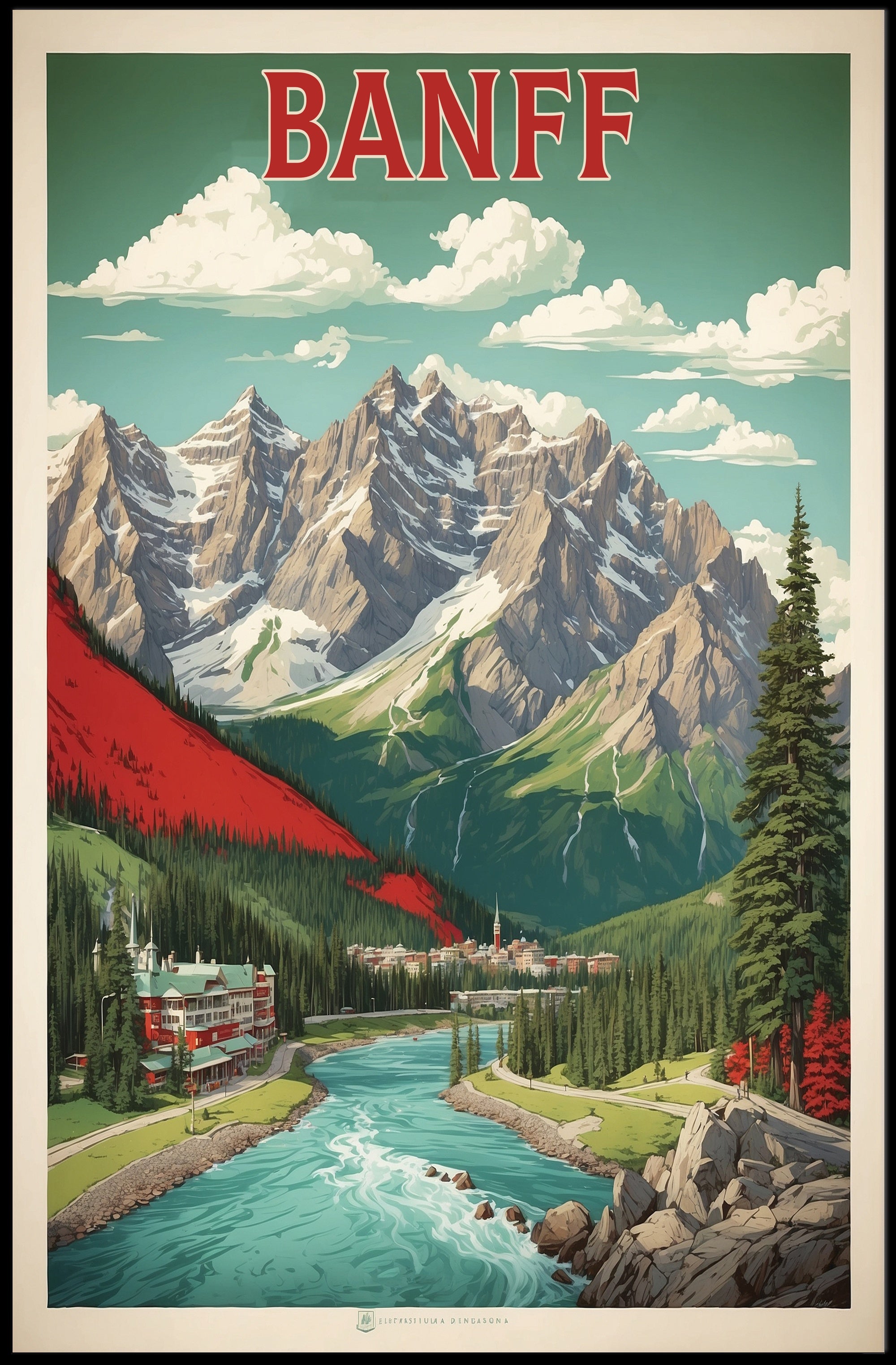 Banff Vintage Travel Art with Mountain and River Scene Poster PosterGoat