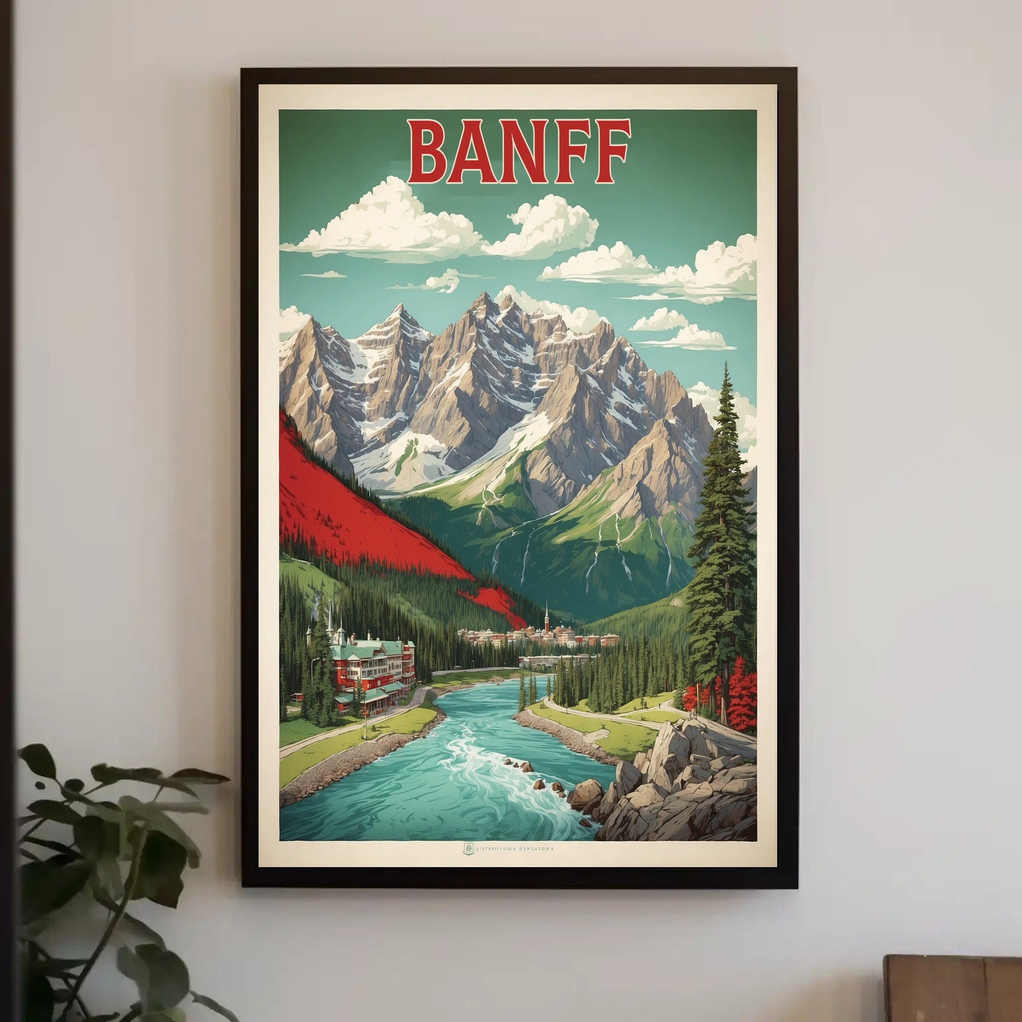 Banff Vintage Travel Art with Mountain and River Scene Poster PosterGoat