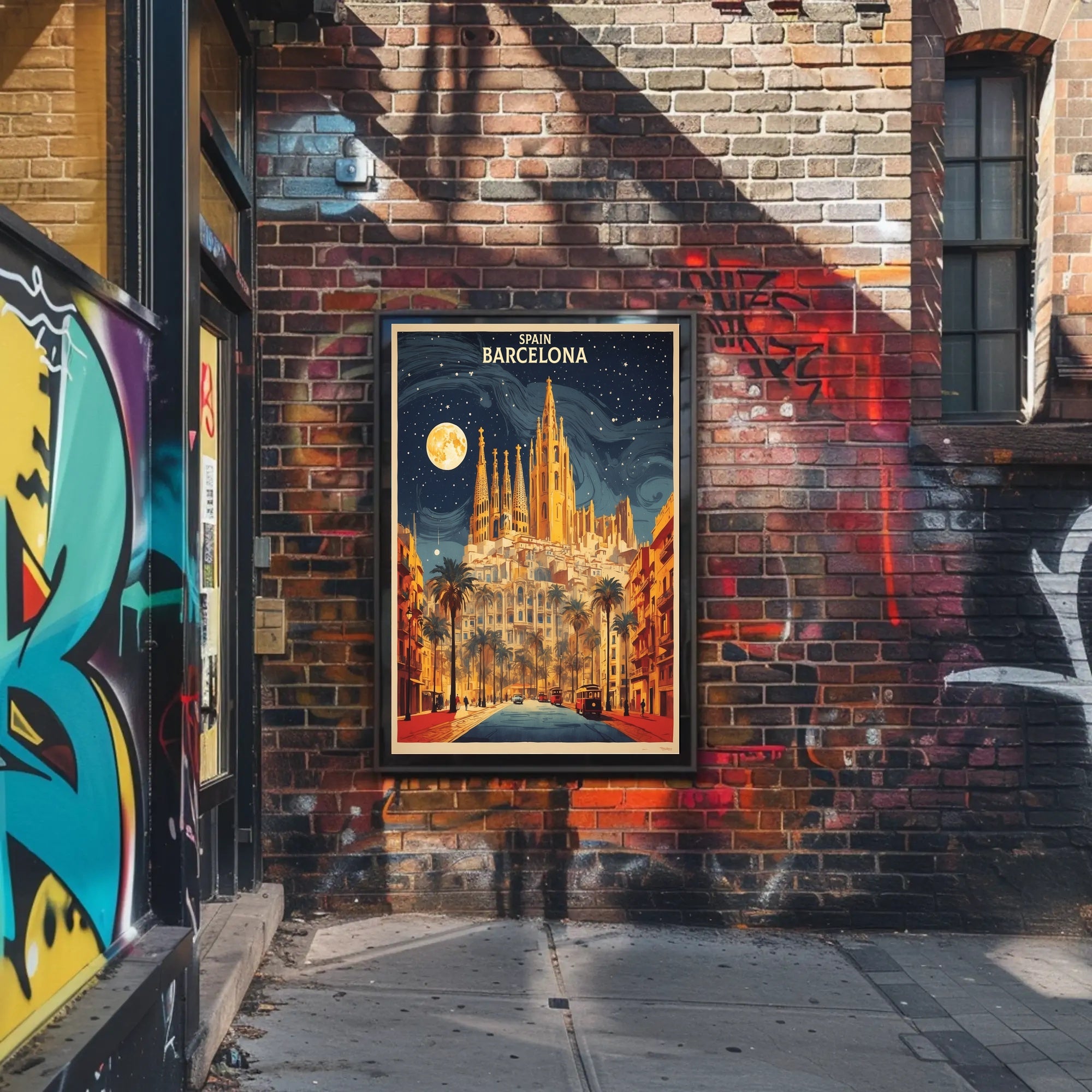 Barcelona Nightscape with Sagrada Familia Travel Poster PosterGoat