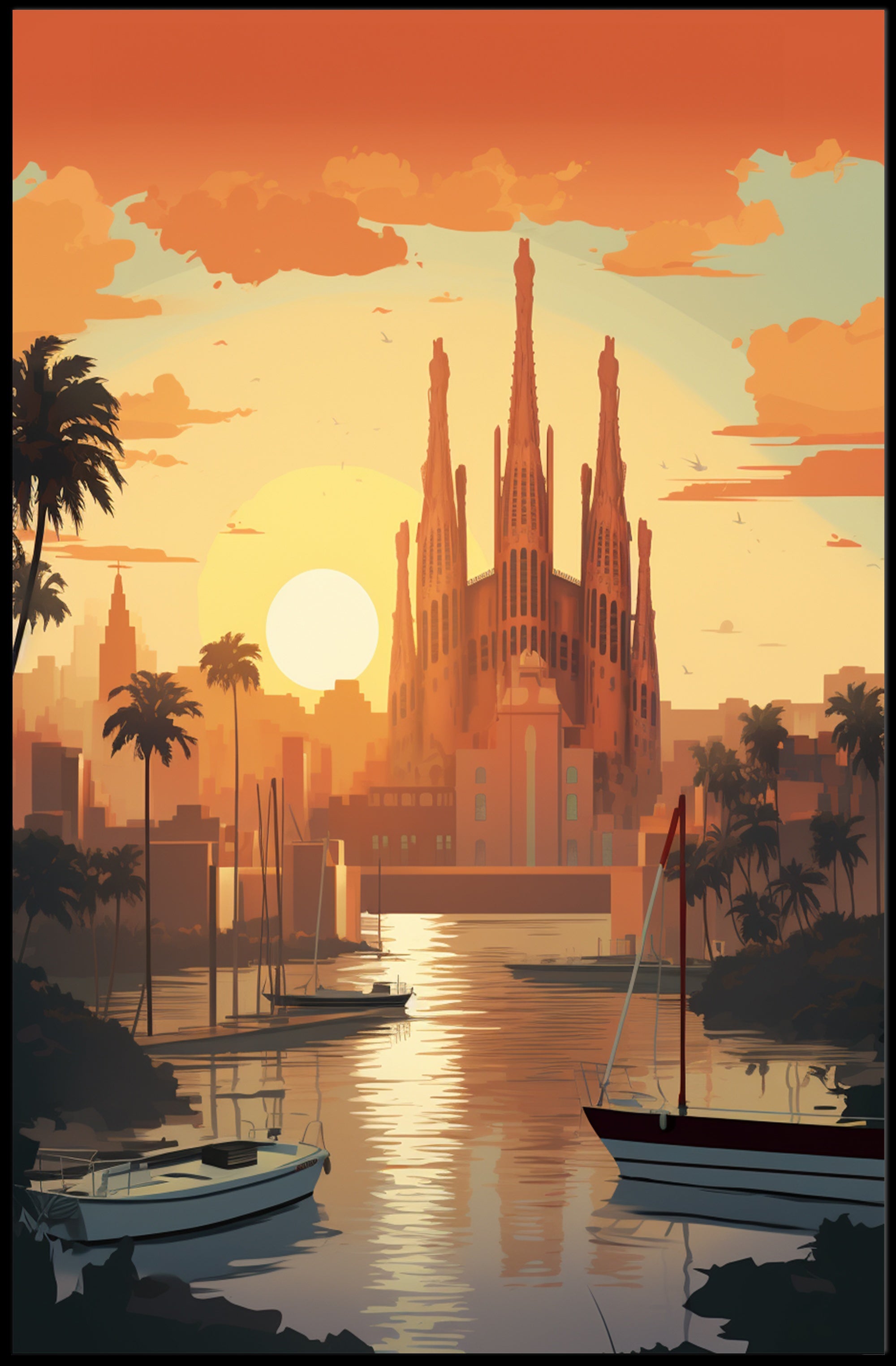 Barcelona Sunset Cityscape with Sagrada Família Travel Poster PosterGoat