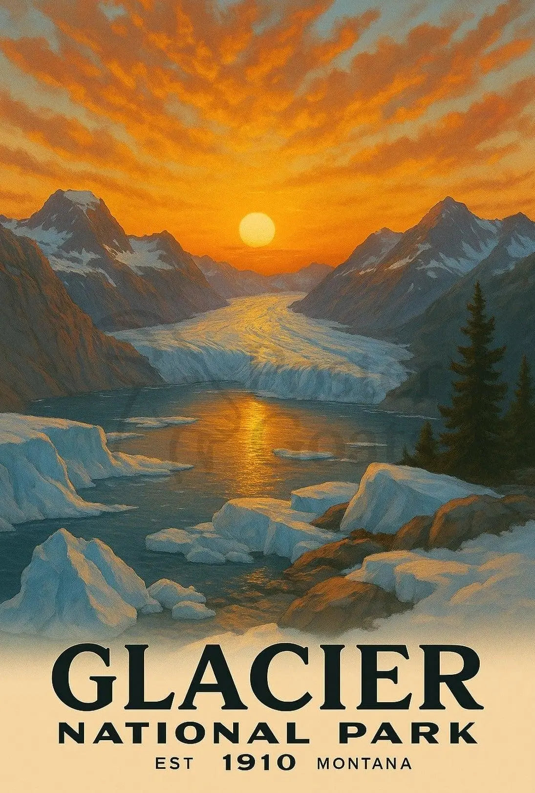 Based on the text and visual cues, the poster depicts Glacier National Park, Travel Poster PosterGoat
