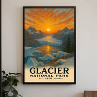 Based on the text and visual cues, the poster depicts Glacier National Park, Travel Poster PosterGoat