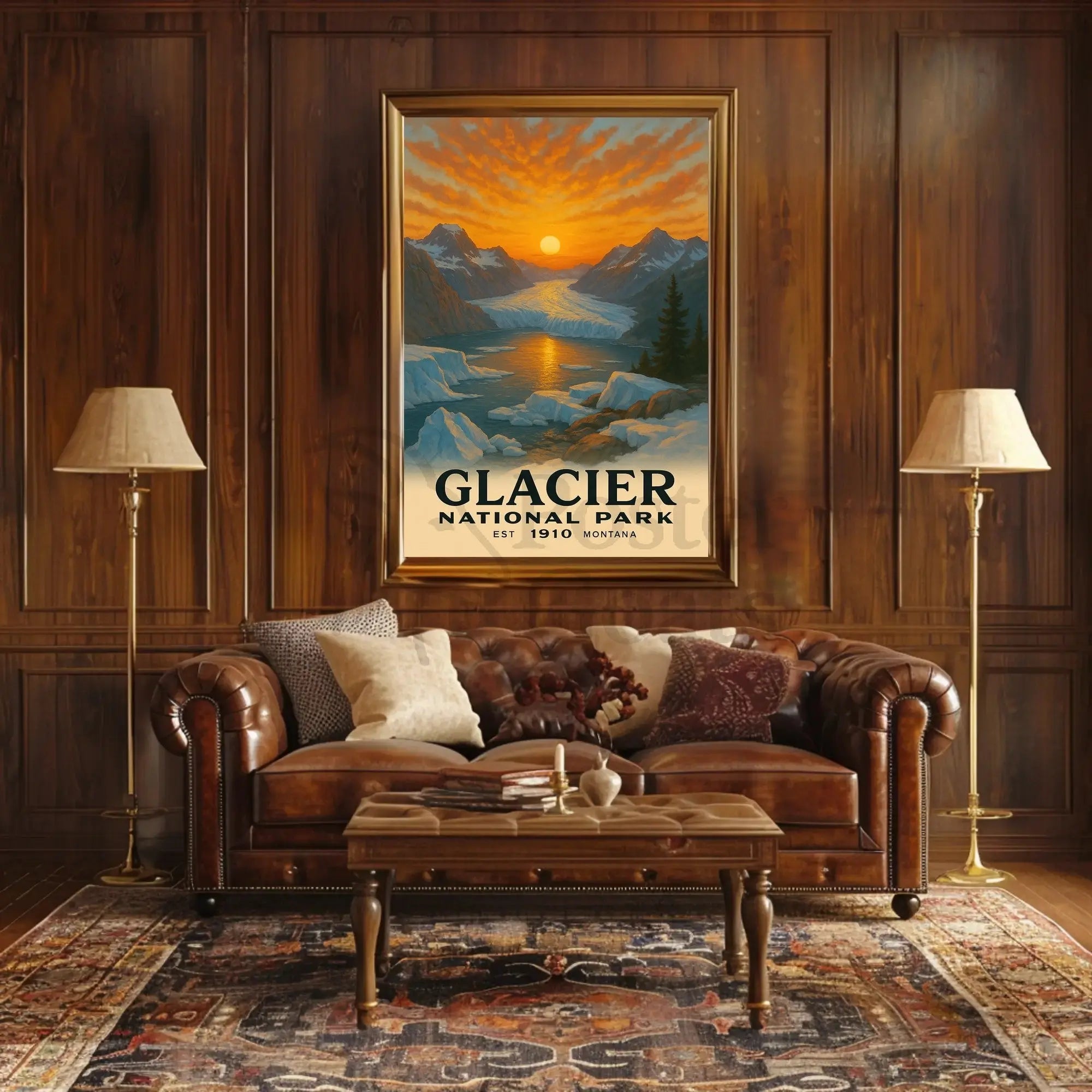 Based on the text and visual cues, the poster depicts Glacier National Park, Travel Poster PosterGoat