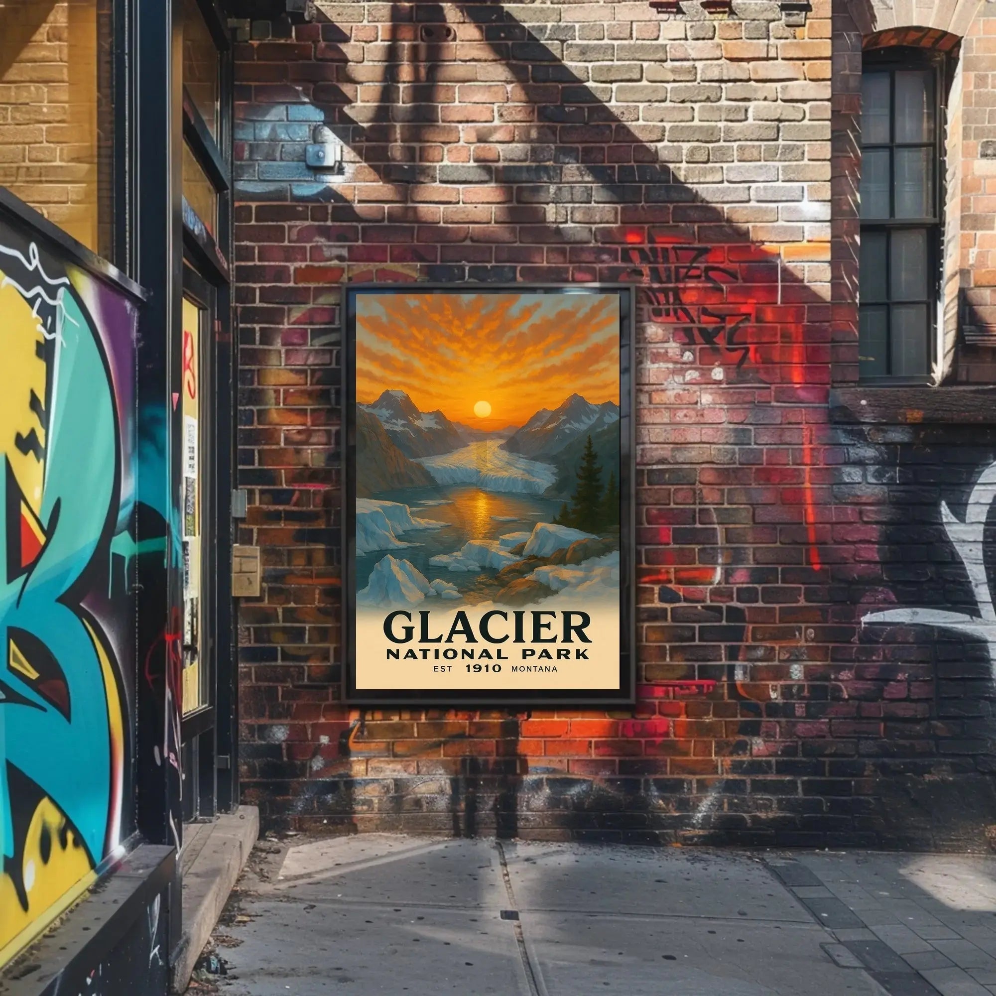 Based on the text and visual cues, the poster depicts Glacier National Park, Travel Poster PosterGoat