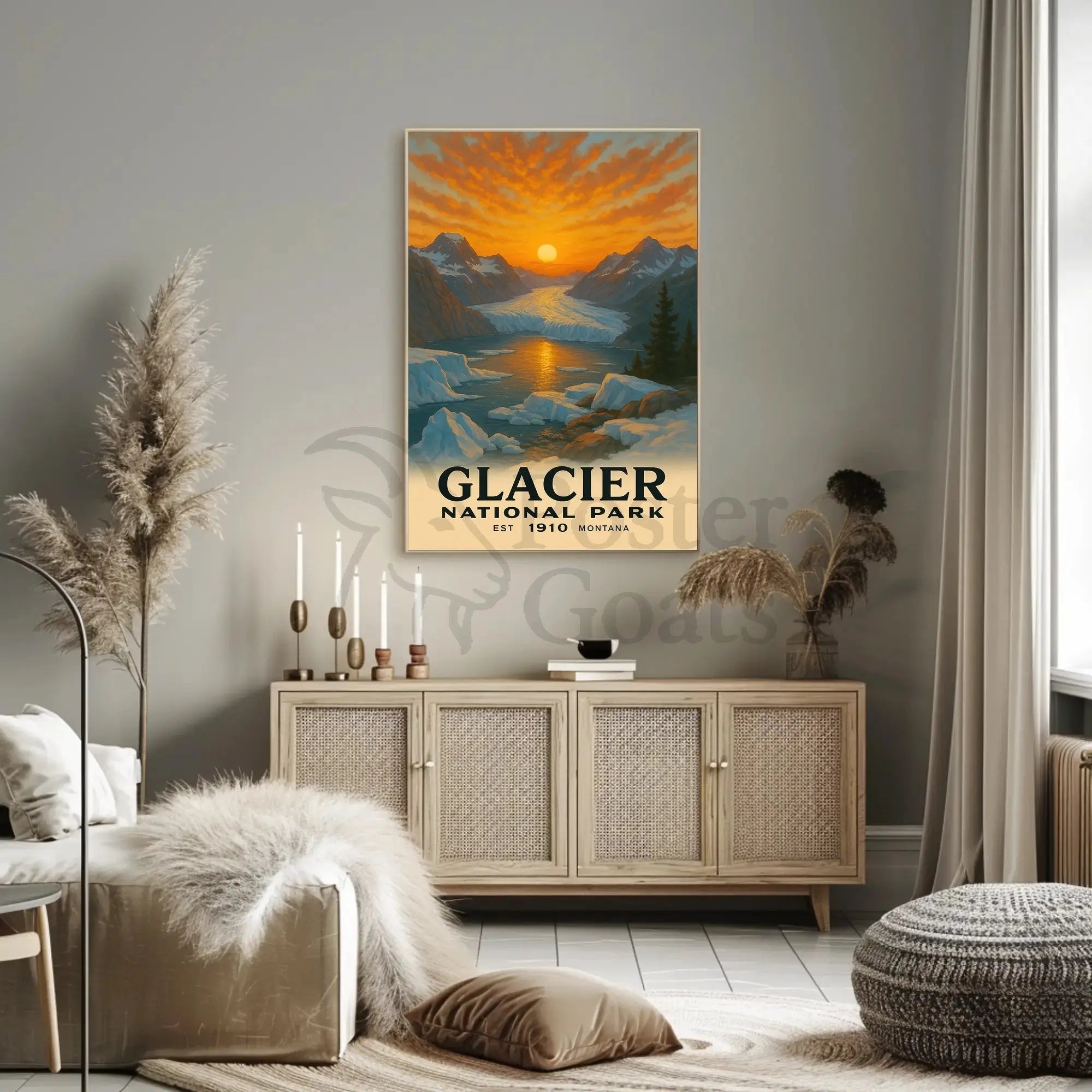 Based on the text and visual cues, the poster depicts Glacier National Park, Travel Poster PosterGoat