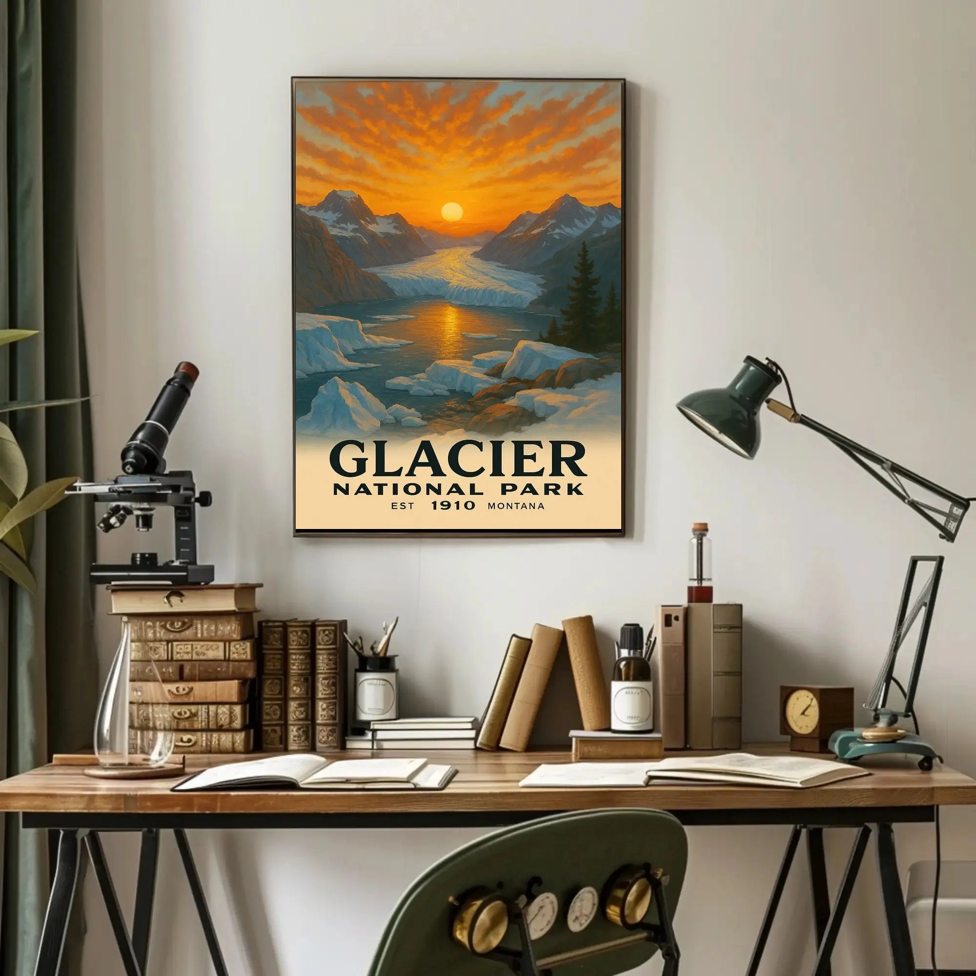 Based on the text and visual cues, the poster depicts Glacier National Park, Travel Poster PosterGoat