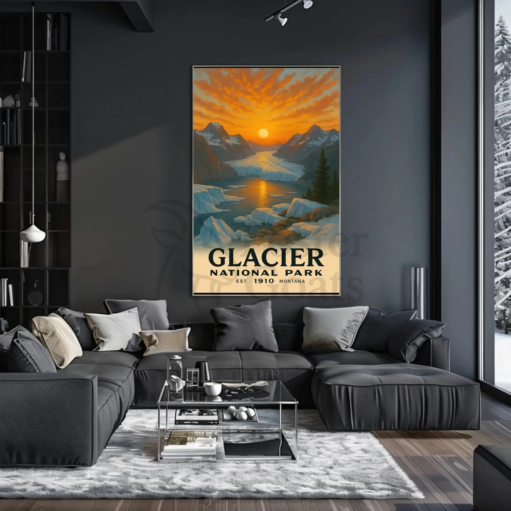 Based on the text and visual cues, the poster depicts Glacier National Park, Travel Poster PosterGoat