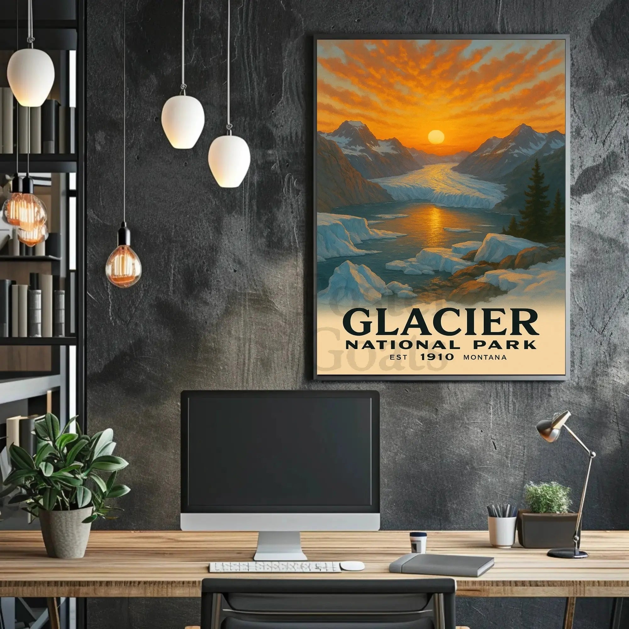 Based on the text and visual cues, the poster depicts Glacier National Park, Travel Poster PosterGoat
