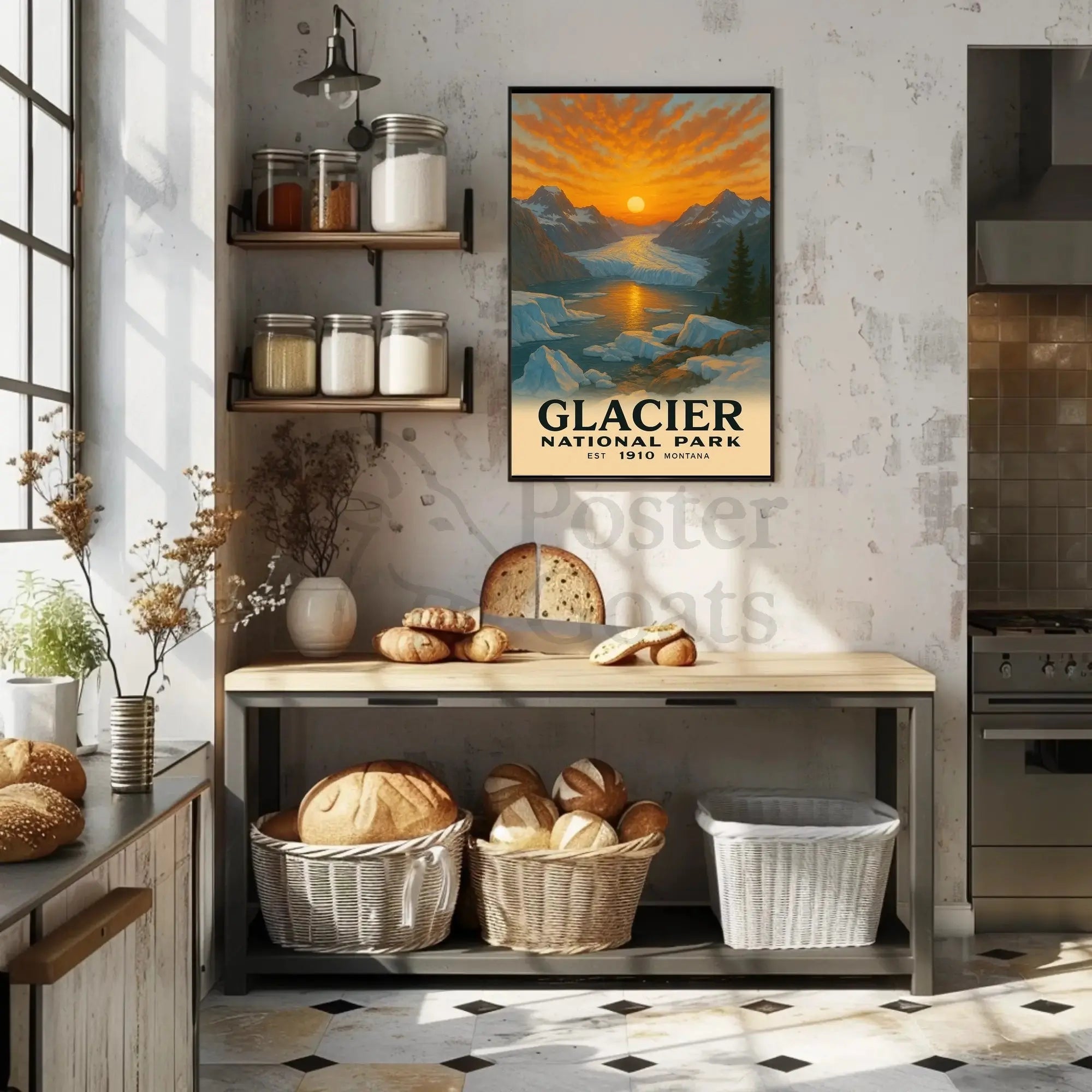 Based on the text and visual cues, the poster depicts Glacier National Park, Travel Poster PosterGoat