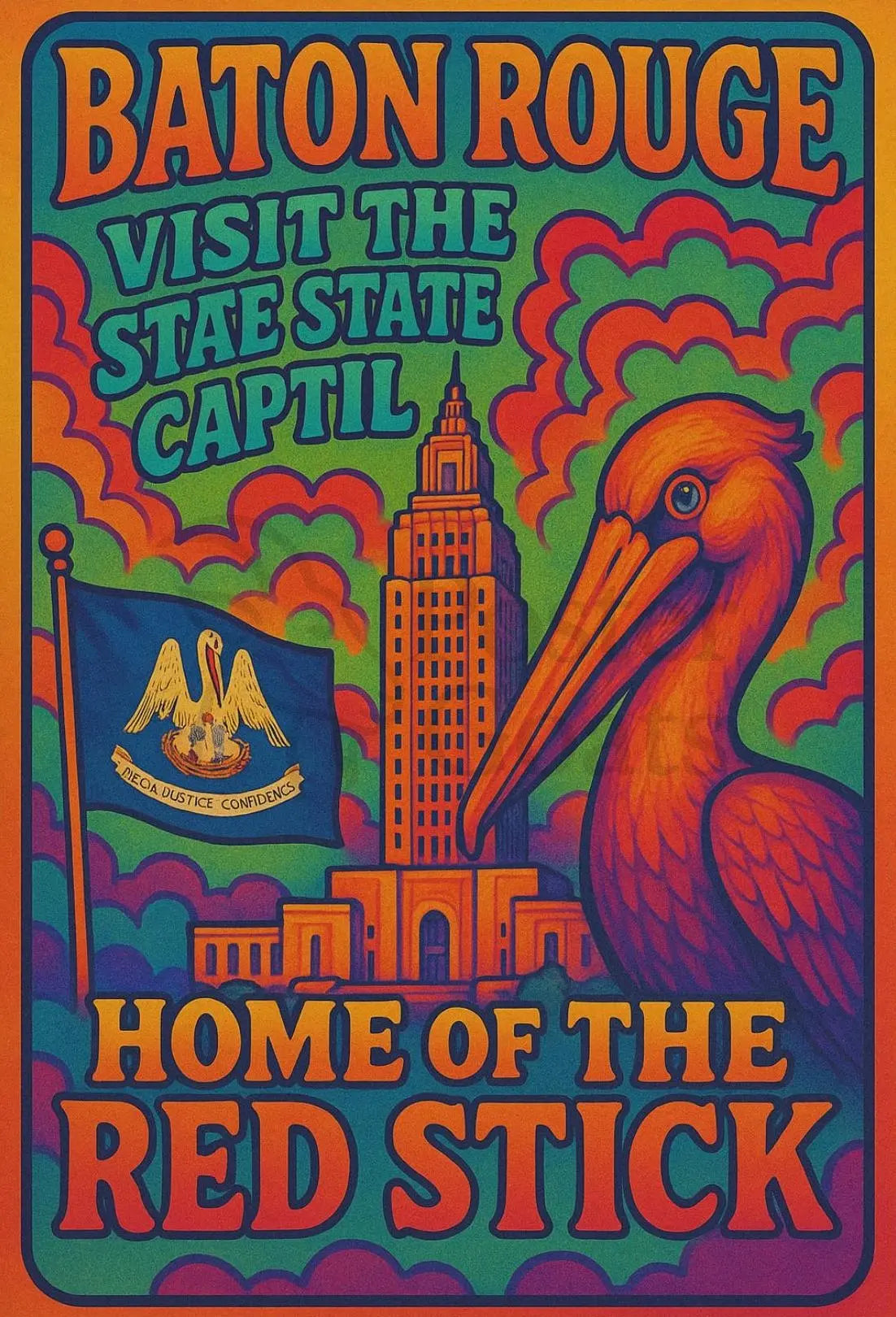 Baton Rouge Retro Pelican Travel Poster PosterGoat
